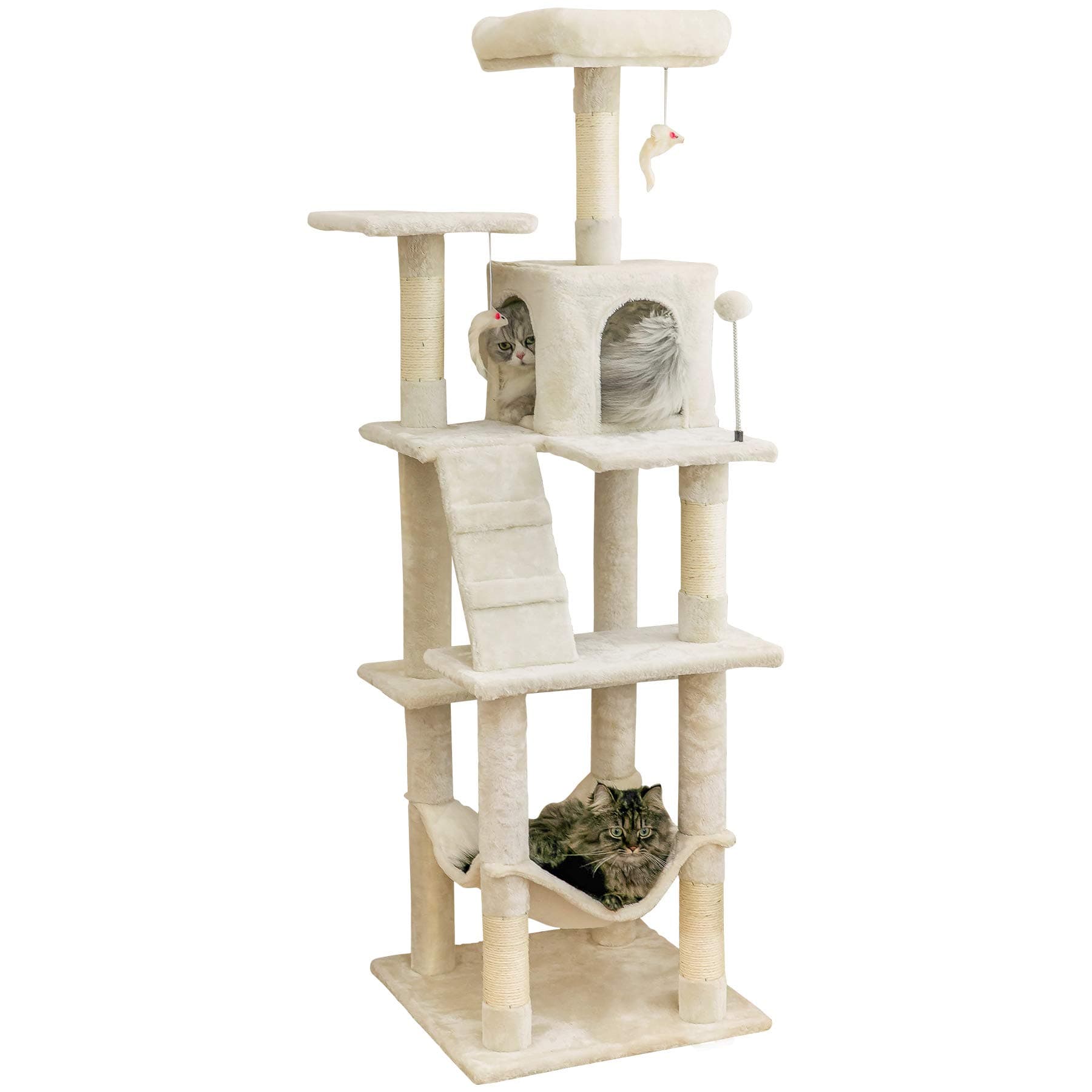 MWPO 63.8 inches Multi-Level Cat Tree for Large Cats with Sisal-Covered Scratching Posts, Padded Platform, Hammock and Condo,Stable Cat Tower Cat Condo Pet Play House-Beige