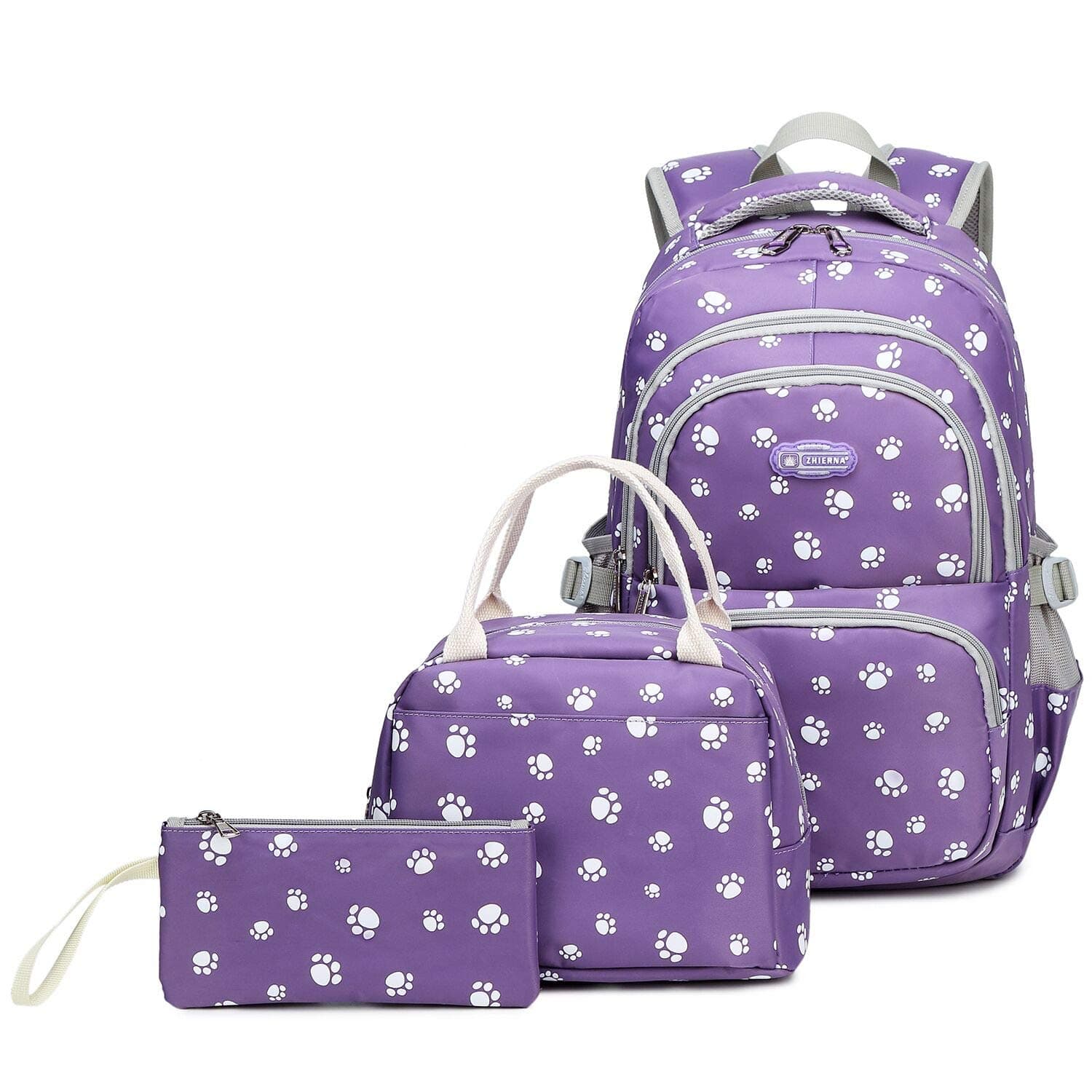 3Pcs Dog Paw Printed Backpack Set With Lunch-Bag For Girls Elementary Students Bookbag School-bag