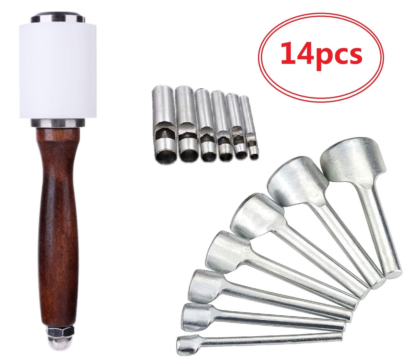 14pcs Leather Working Tools Saddle Making Tools DIY Leather Craft - Wooden Nylon Hammer Leather of Half-Round Cutter 10-40mm of Leather Hole Punch Cutter 3mm-8mm Leather Working Tools
