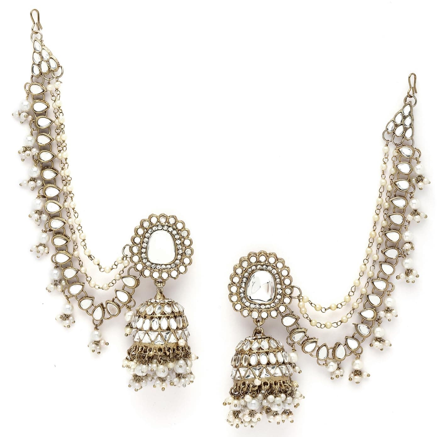 Shining Diva Fashion Bahubali Kundan Pearl Chain Hair Accessories Traditional Stylish Fancy Gold Plated Earrings For Women (rrsd16519er), One Size, Metal, No Gemstone