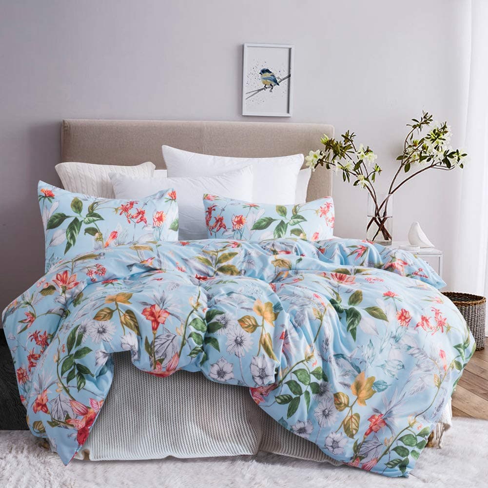 Leadtimes Floral Duvet Cover Set Flower Boho Vintage Holiday Bedding Sets with 1 Duvet Cover and 2 Pillowcases (Blue Queen, Style2)