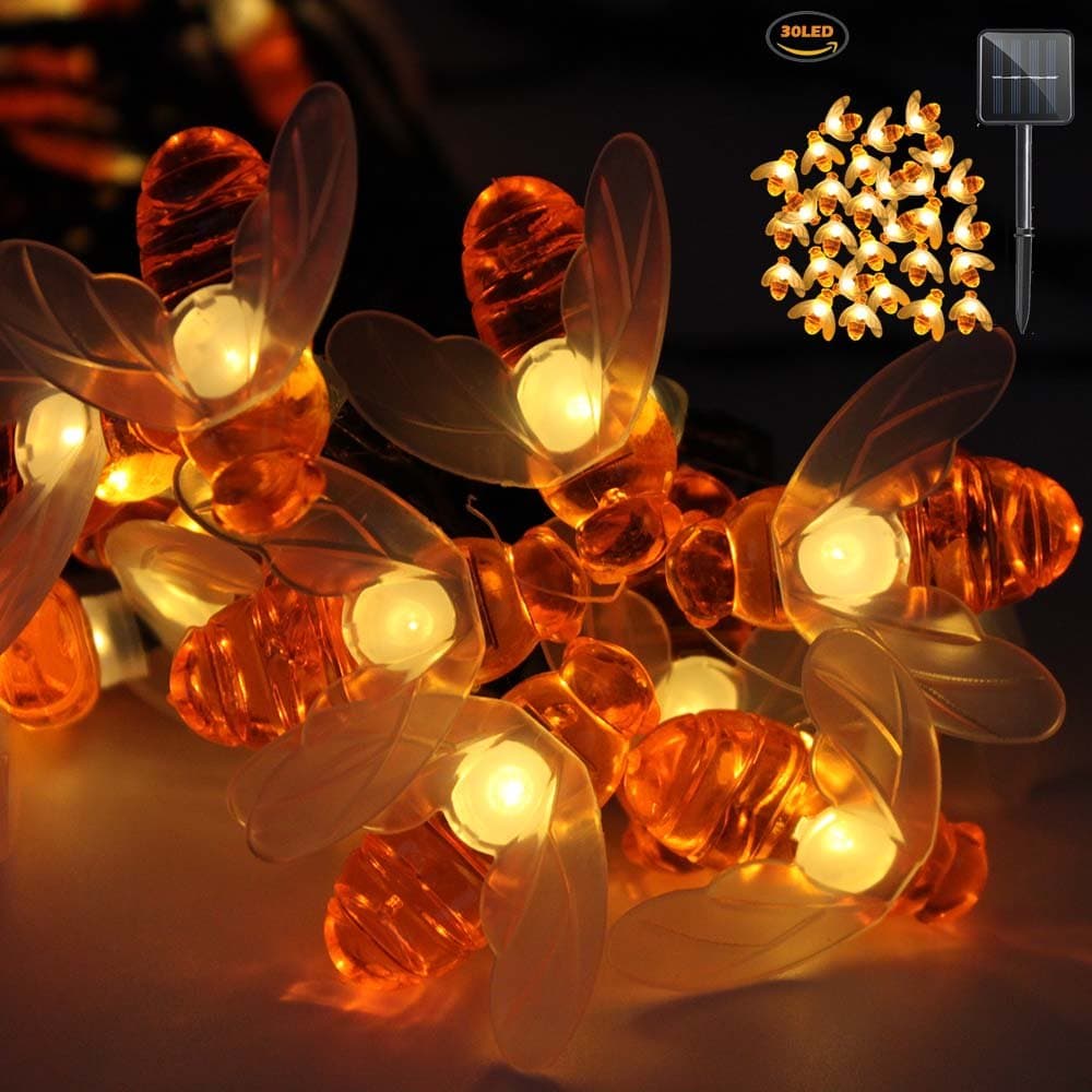 Bee Lights, Bumble Bee Decorations Solar String Lights 30 LED Honey Bee Shaped Fairy Light for Outdoor Garden Flower Fence Tree Face Decor, Warm White LD010