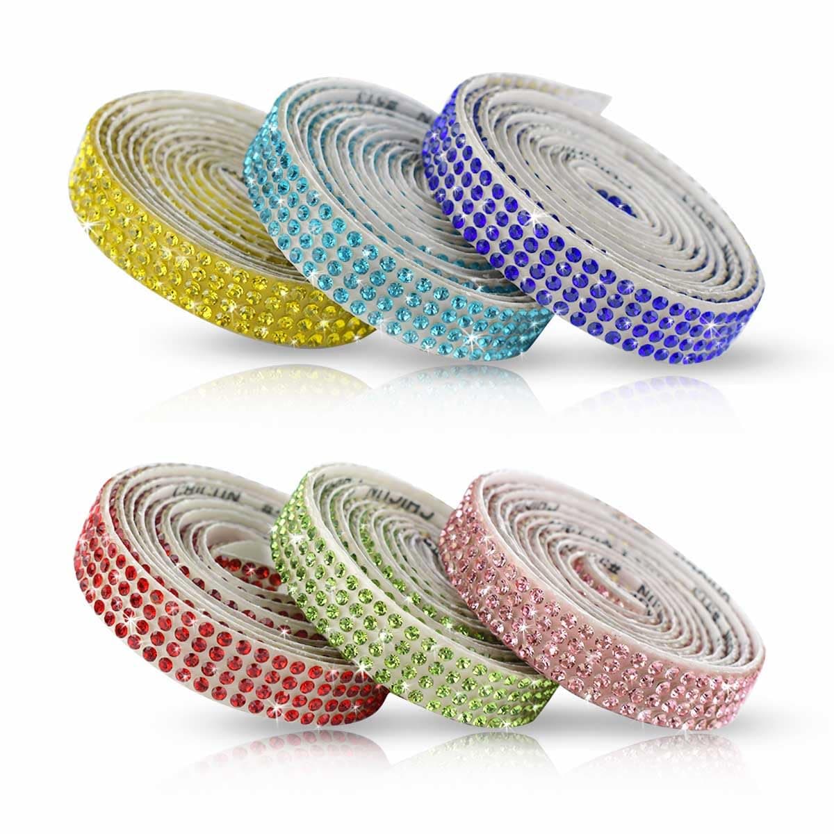 6 Rolls Crystal Rhinestone Ribbon Sticker Diamond Ribbon Roll for Crafts DIY Bling Rhinestones Tape Self Adhesive Crystal Rhinestone Strips Wedding Decoration Party Decor 6 Yards (Assorted Colors)