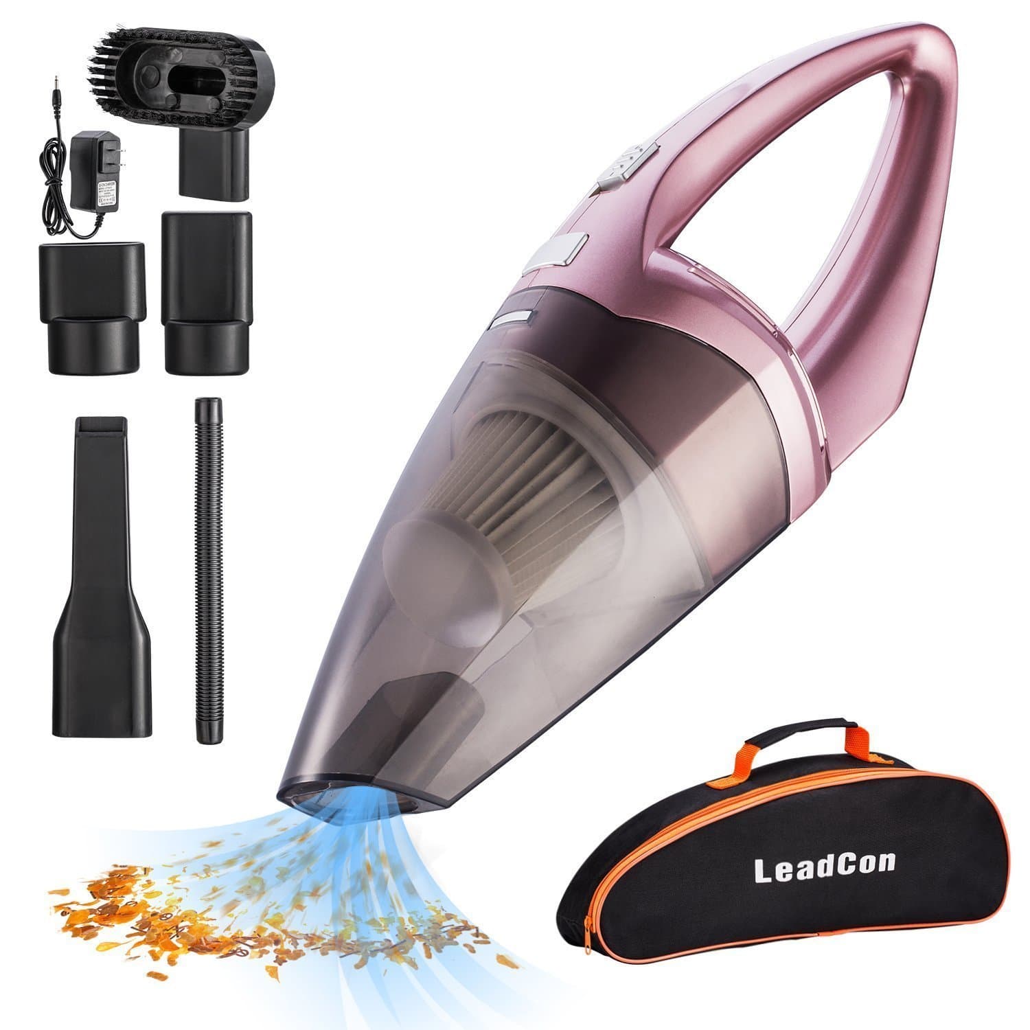 Cordless Handheld Car Vacuum Cleaner， LeadCon Cordless Wet/Dry Car Vacuum Cleaner with 2200mAH Rechargeable Battery, 4500PA Powerful Suction Hand-held Vacuum Cleaner with Carry Bag(12V 100W Gold)
