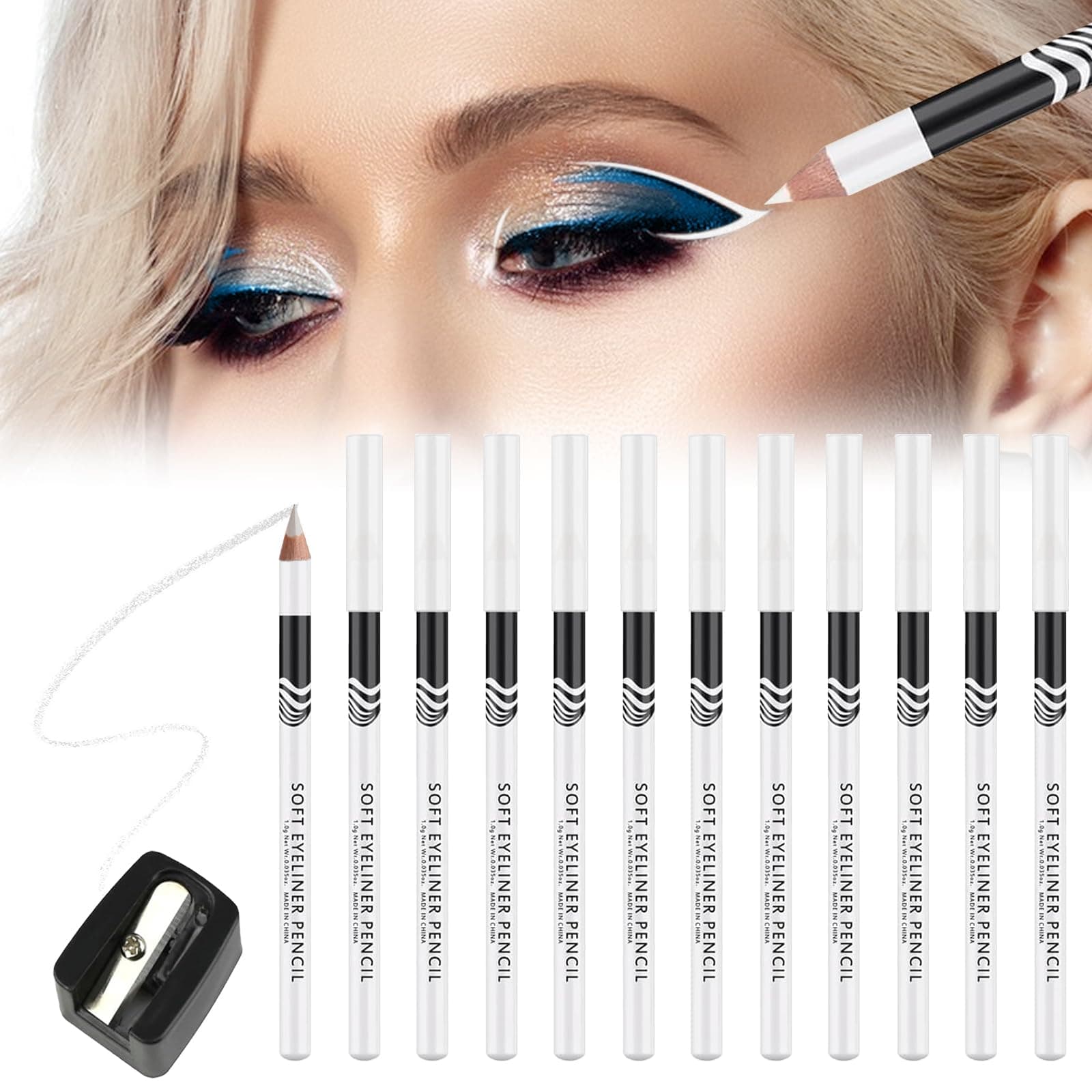 White Eyeliner Pencil 12 Pack with Sharpener, White Eye Liner Pencils Waterline for Skin Marking Eyeshadow Highlighter Waterproof Long Lasting Eyeliner Pencils for Eye Makeup