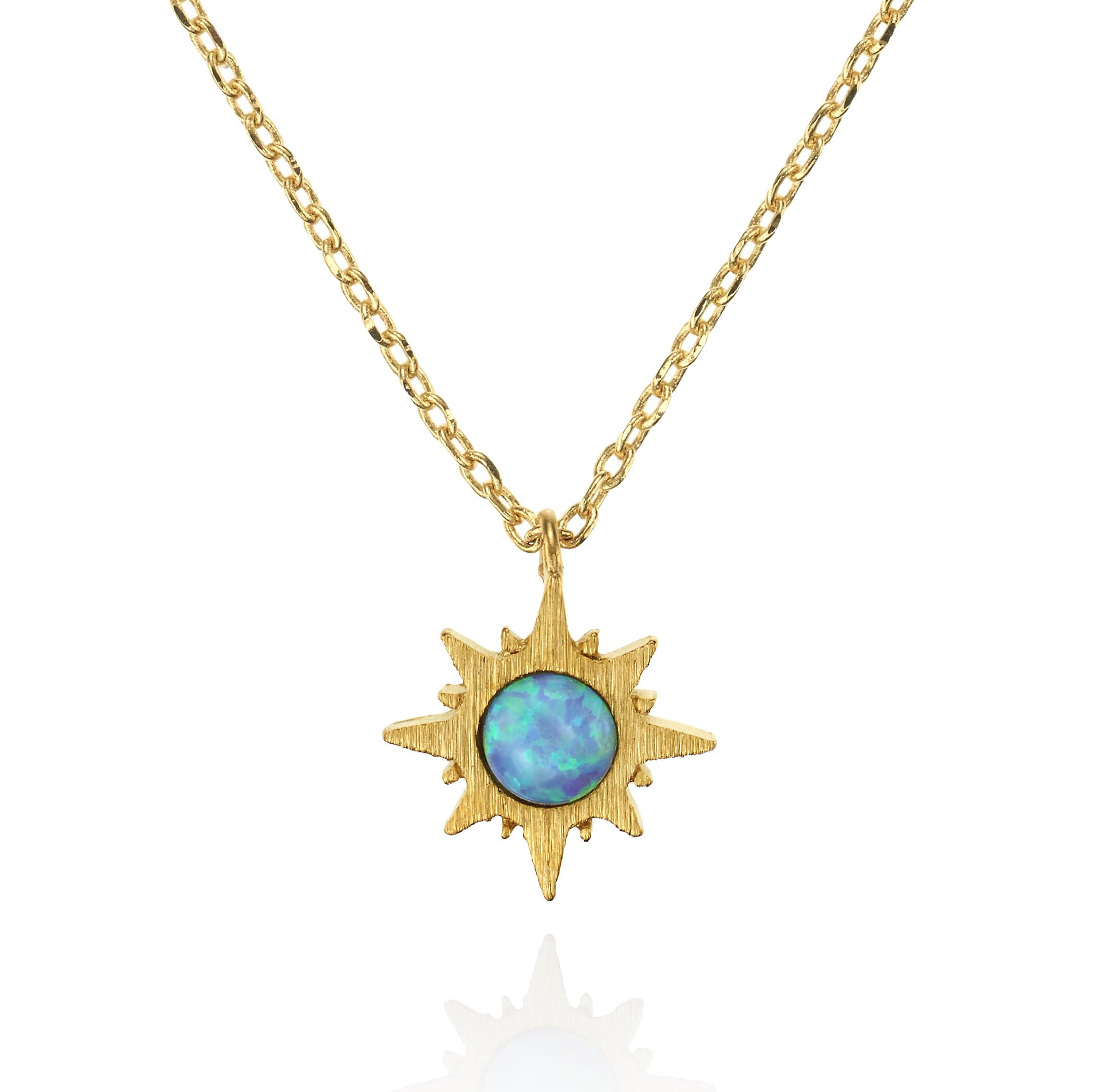 namanaSunburst Opal Pendant Necklace. Dainty Brushed Finish 14 Carat Gold Plated Sun Jewellery Necklace with a Created Opal. Nickel Free and Lead Free Necklace with Mini Sunburst Pendant.