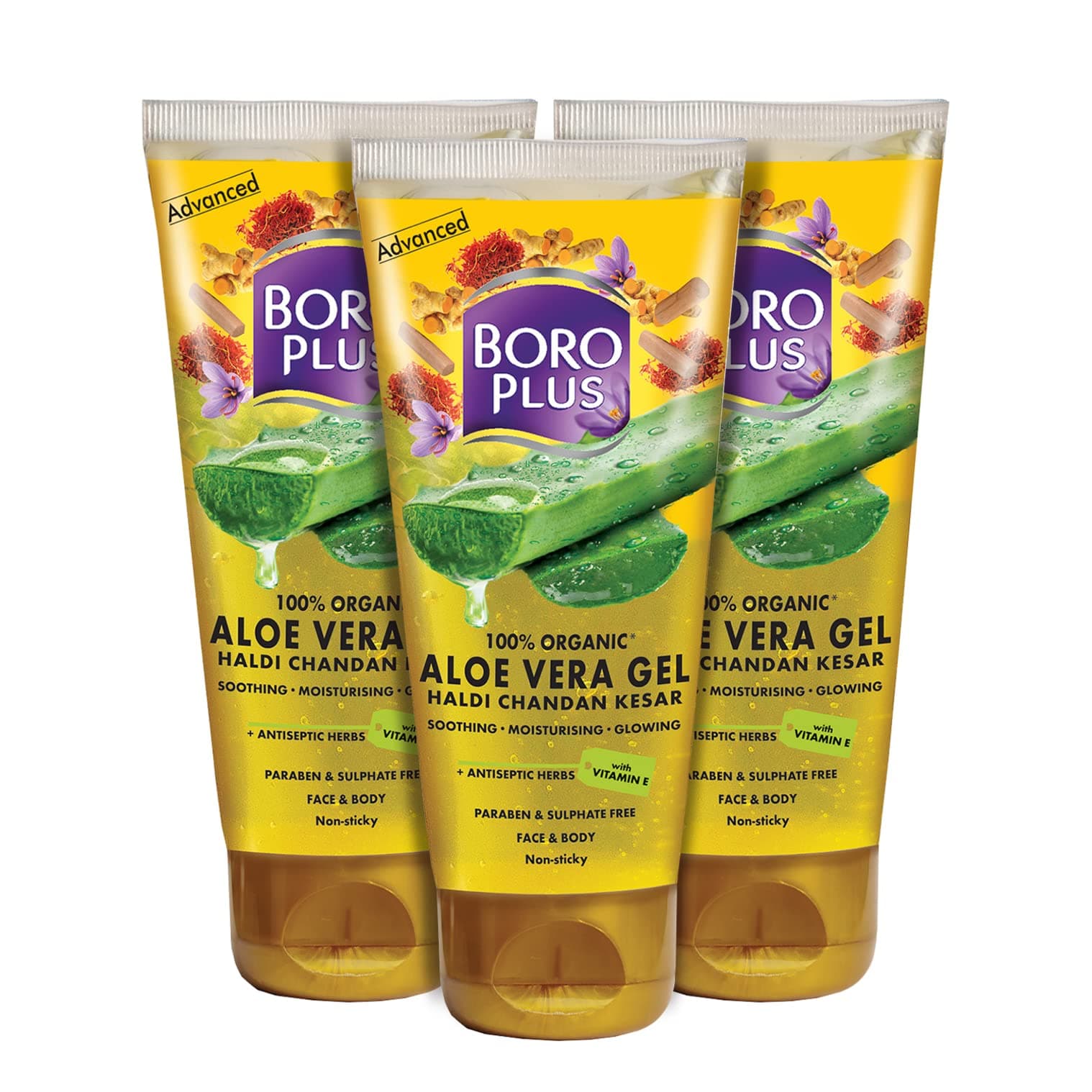 BOROPLUS Aloe Vera Gel with Haldi, Chandan & Kesar Rich in Vitamin E and Antiseptic Herbs Anti-ageing Free from Parabens, Silicones and Synthetic Dyes 450ml (Pack of 3, 150ml + 150ml + 150ml)
