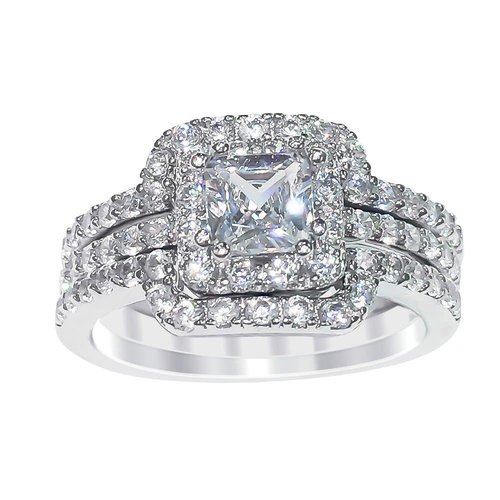 Sterling Silver Princess Cut Cubic Zirconia Engagement Ring Wedding Band Set (9)