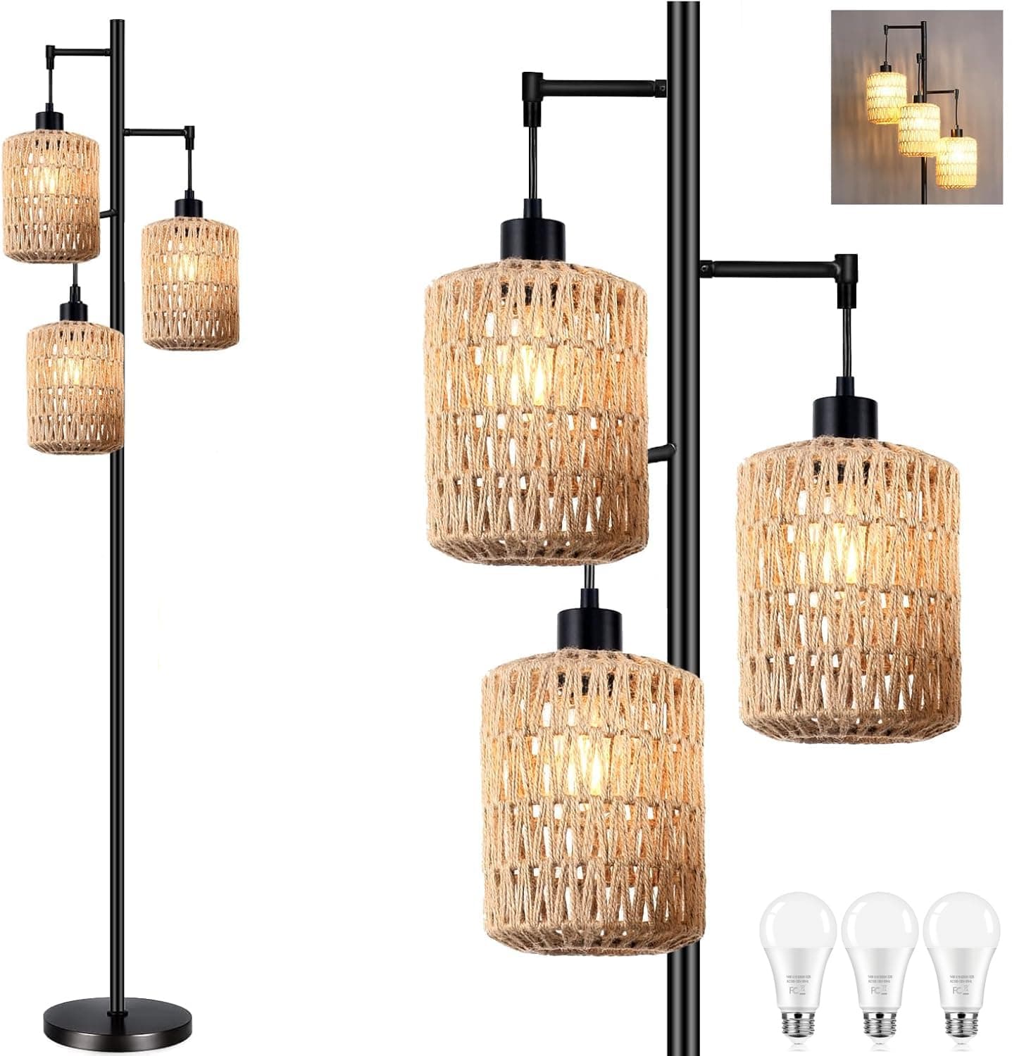 Floor Lamp for Living Room,Bedroom,3-Lights Boho Rattan Tree Floor Lights,Industrial Black Farmhouse Standing Lamp Wicker Rustic Tall Lamp,Woven Bamboo LampShade Floor Lamps Bohemian