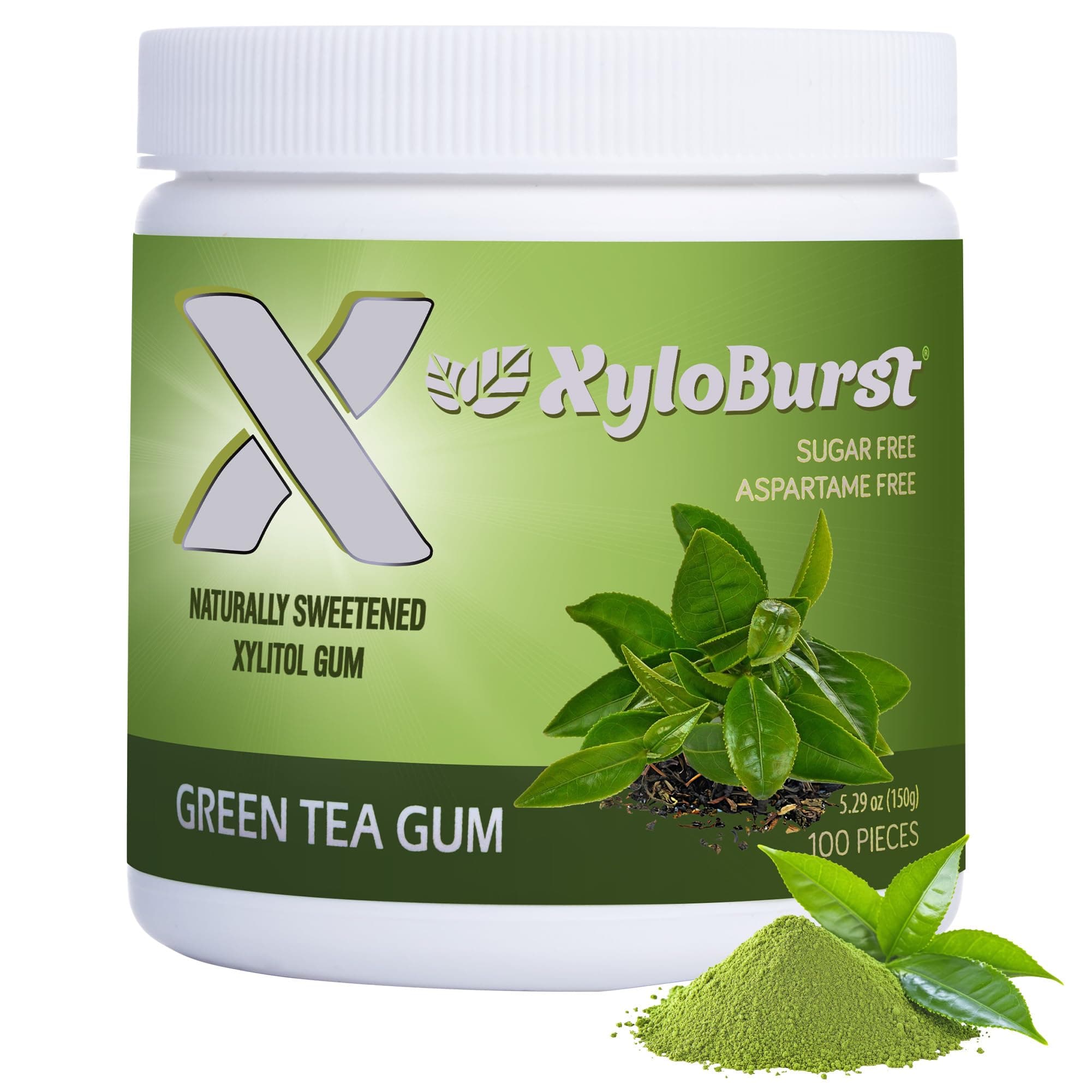 Gum | Xylitol Chewing Gum | Sugar Free, Gluten Free, Keto Friendly | Aspartame Free Gum For Oral Health | Green Tea | 100-Count Jar
