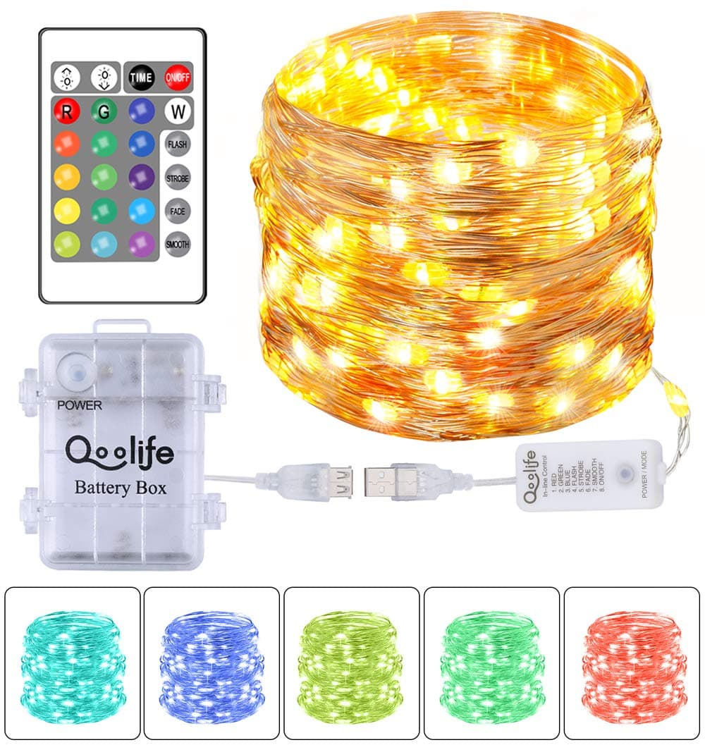 Copper Wire String Christmas Lights, Qoolife 16.5ft 50-LED with 4 Combined Copper Wires Decorative Lights Battery Powered Multi Color String Lights for Christmas Decorations Indoor and Outdoor
