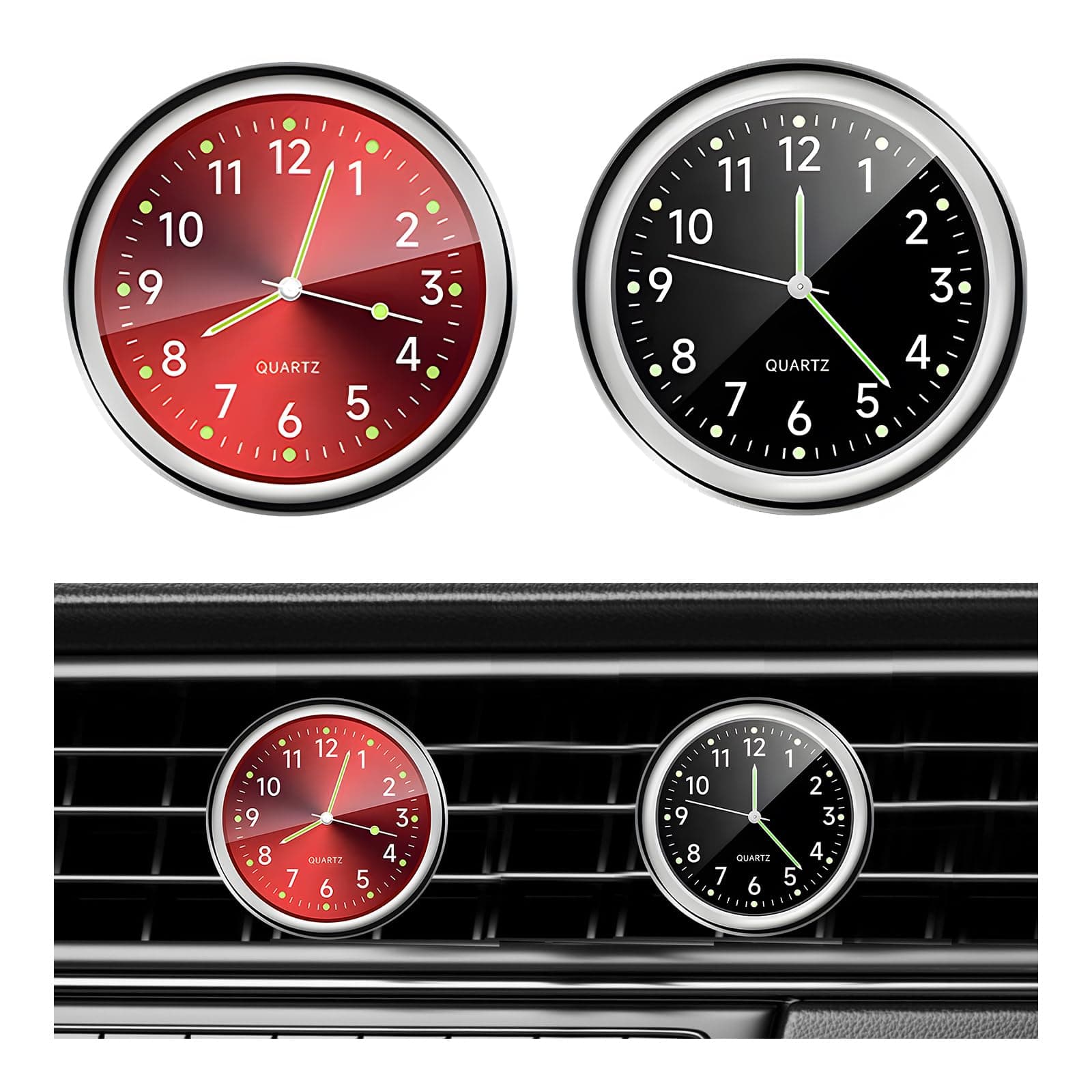 Dickno 2 PCS Stick on Dashboard Car Clock, Mini Tiny Analog Quartz Luminous Air Vent Clocks, Self Adhesive Automotive Vent Clocks Watch, Vehicle Clock for Dashboard Decoration (Red+Black)