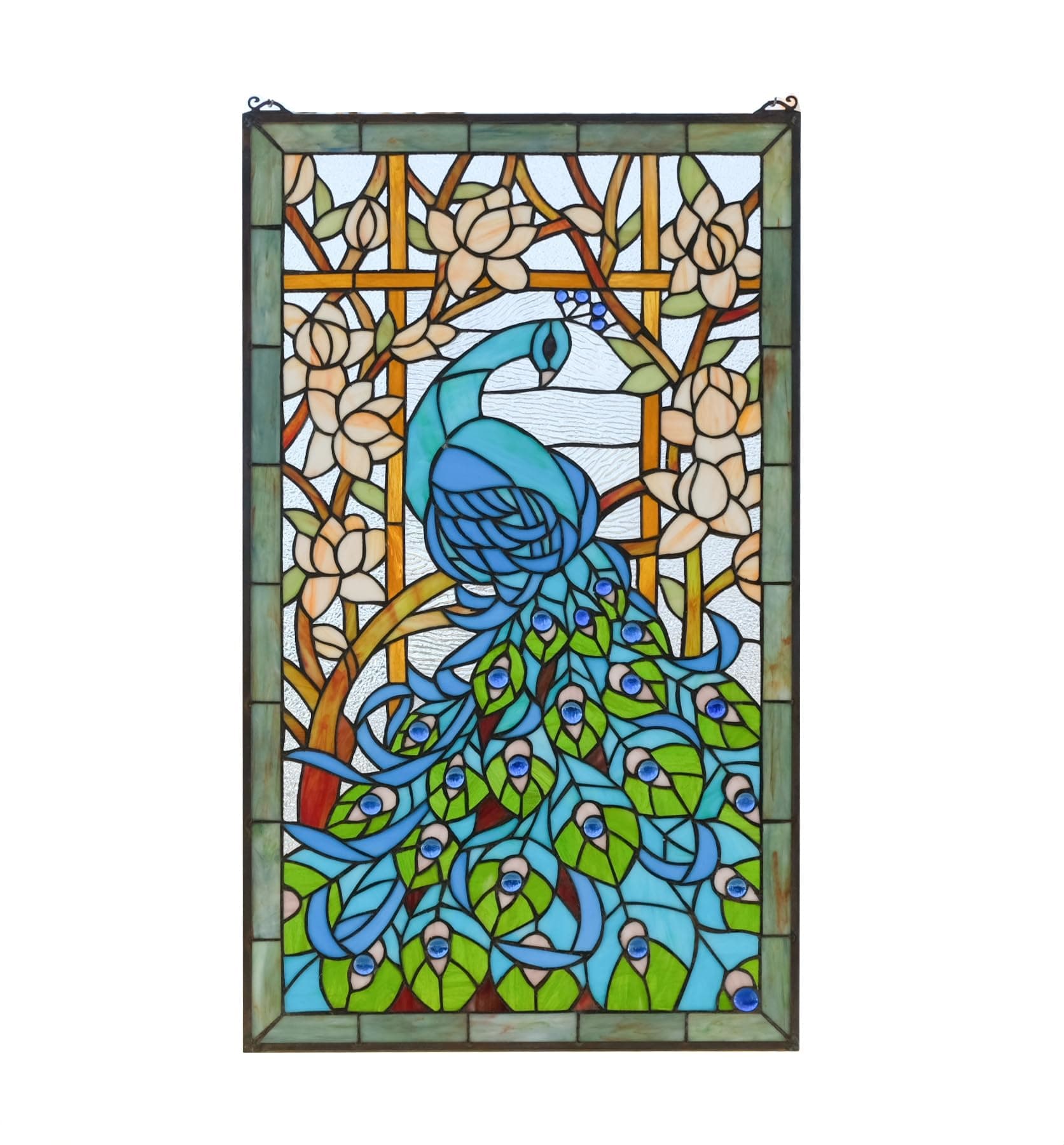 20.5" x 34.75" Large Hanging Tiffany Style Stained Glass Peacock Window Panel