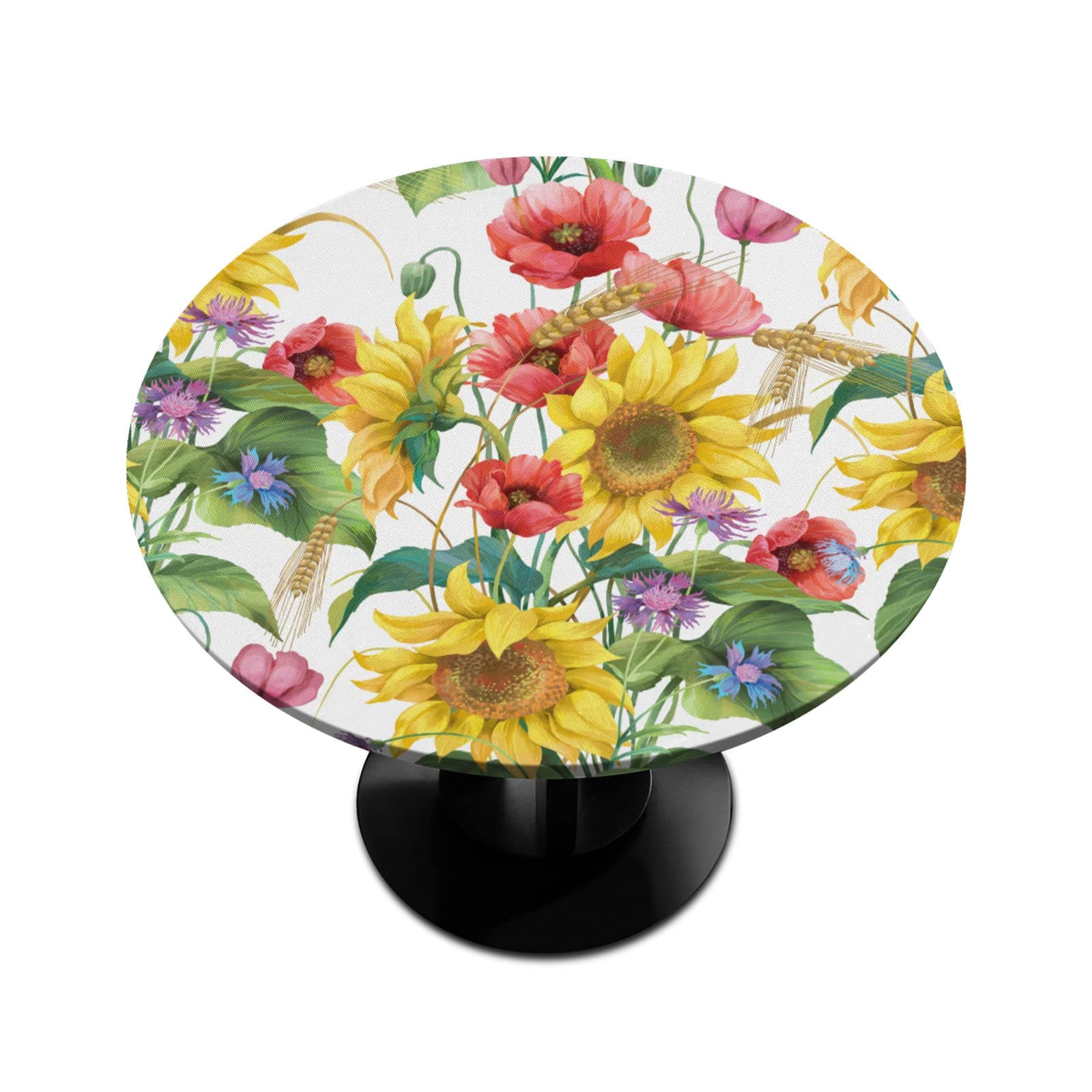 Flower Floral Round Fitted Tablecloth, Sunflower Poppy Barley Round Table Cloth with Elastic Edged, Waterproof Wipeable Table Cover Fits Tables up to 45”-56” Diameter