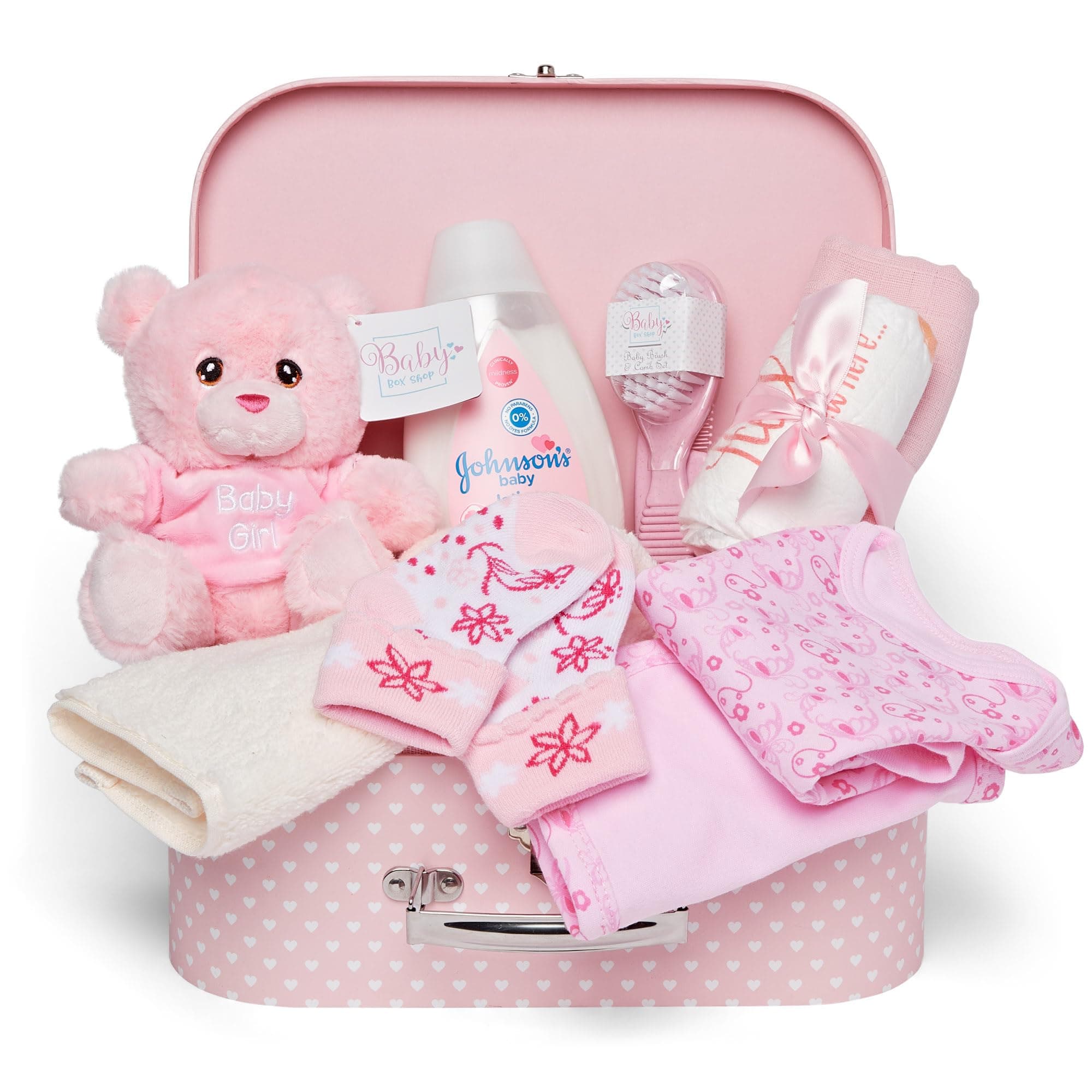 Baby Box Shop - Baby Girl Hamper, Newborn Girl Gift Set, Baby Shower Keepsake Box with Plush Teddy Bear, Clothing & Accessories