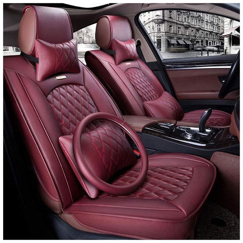 Tmpty Waterproof Car Seat Covers Full Set, Neck Pillow and Lumbar Pillow, Four Season Universal, for Most Five-Seater Cars, Compatible Airbags, Steering Wheel Cover, Leather Red