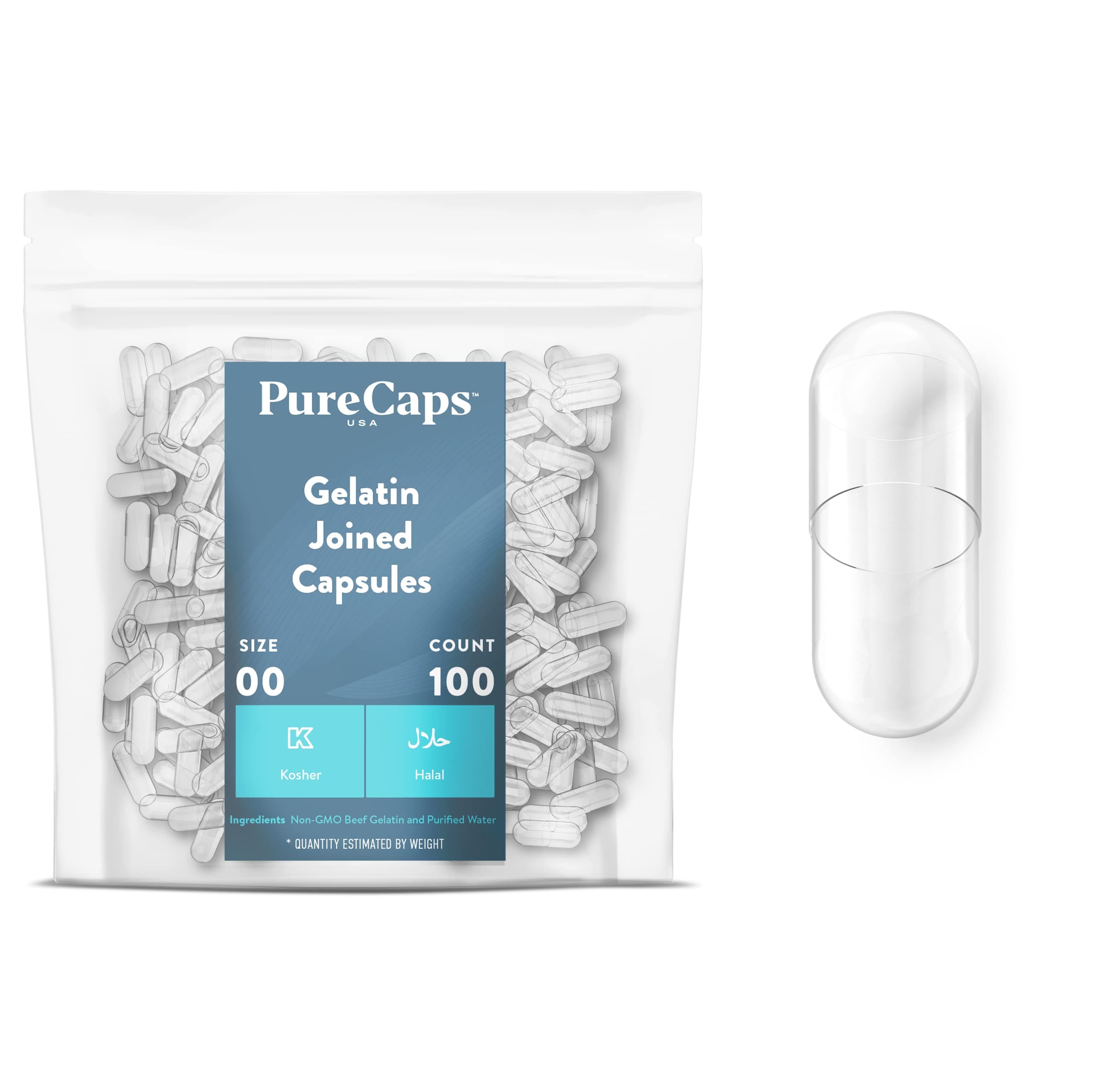 PureCaps USA - Empty Gelatin Capsules Size 00| 100 Joined Pills| Clear| Non-GMO Certified| SLS, Gluten, Preservative Free