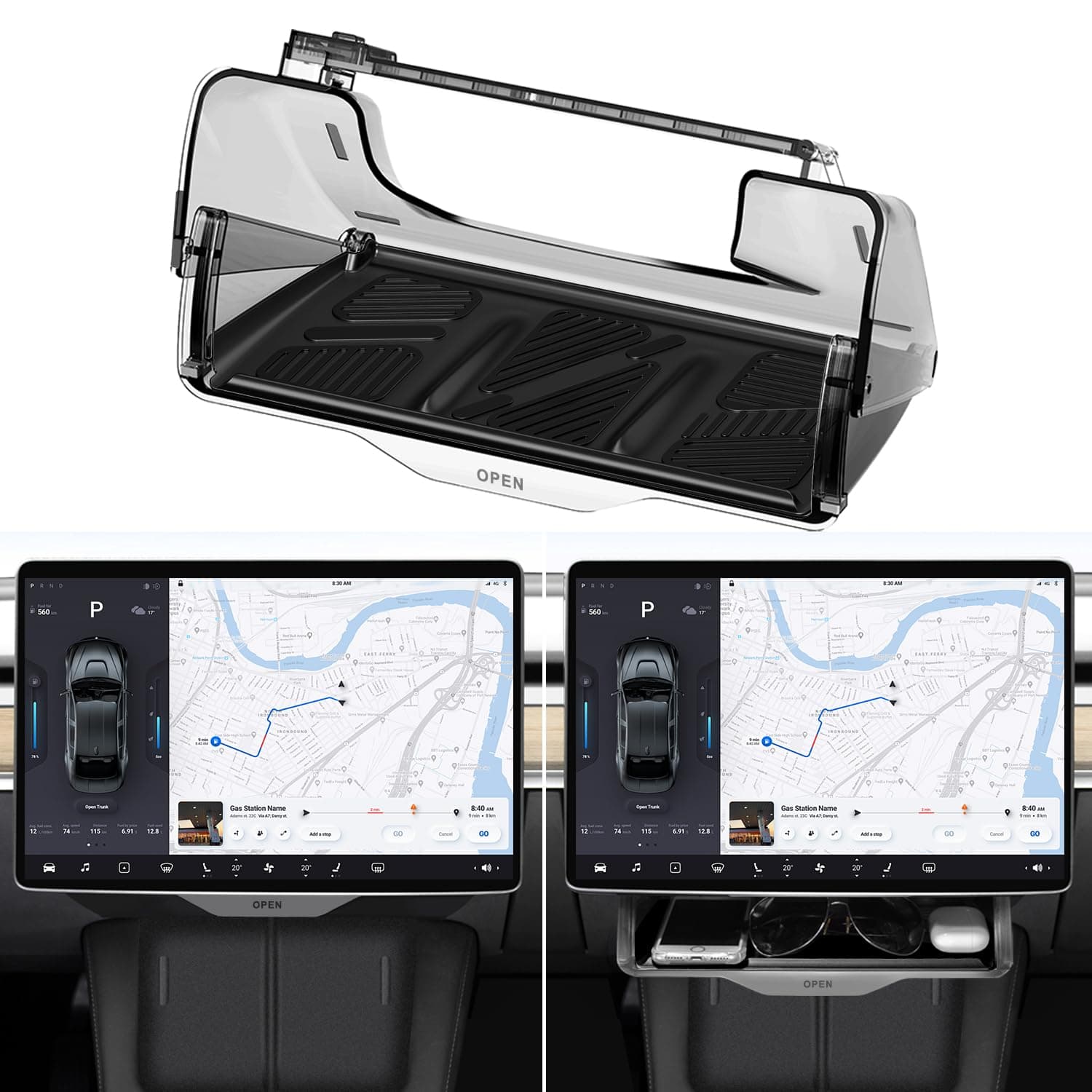 ANKEWAYModel Y Model 3 Hideable Under Screen Storage, Tesla Center Console Organizer Tray Privacy Protector with Black Anti-Slip Pad, Tesla Model Y Model 3 Accessories 2016-2024
