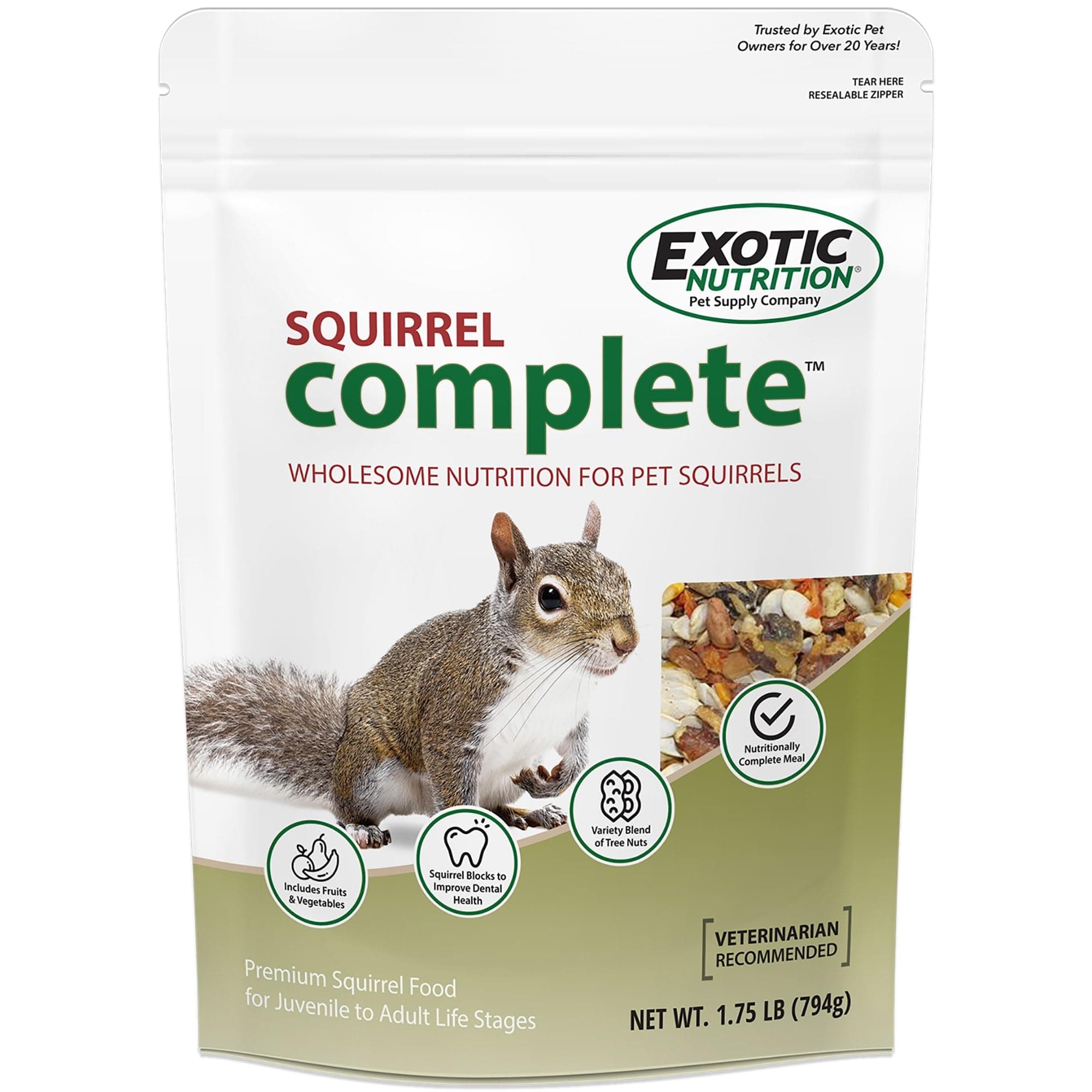 Exotic Nutrition Squirrel Complete (1.75 lb.) - Healthy Natural Food - Nutritional Diet for Pet & Captive Squirrels - Ground, Grey, Flying Squirrels, & Chipmunks