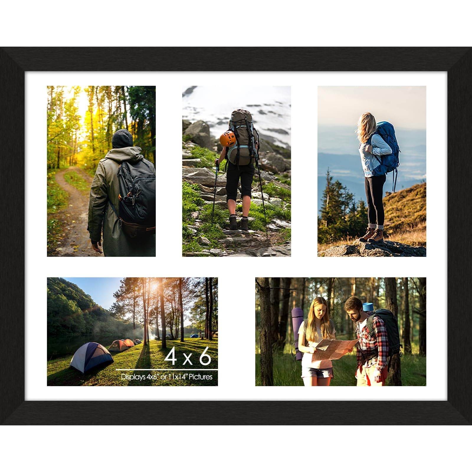 4"x6" Wood Photo Collage Frame 5 Openings, 11"x14" Multi Picture Frame Collage Wall Decor, Brushed Black Frame with White Mat, Solid Pine Wood