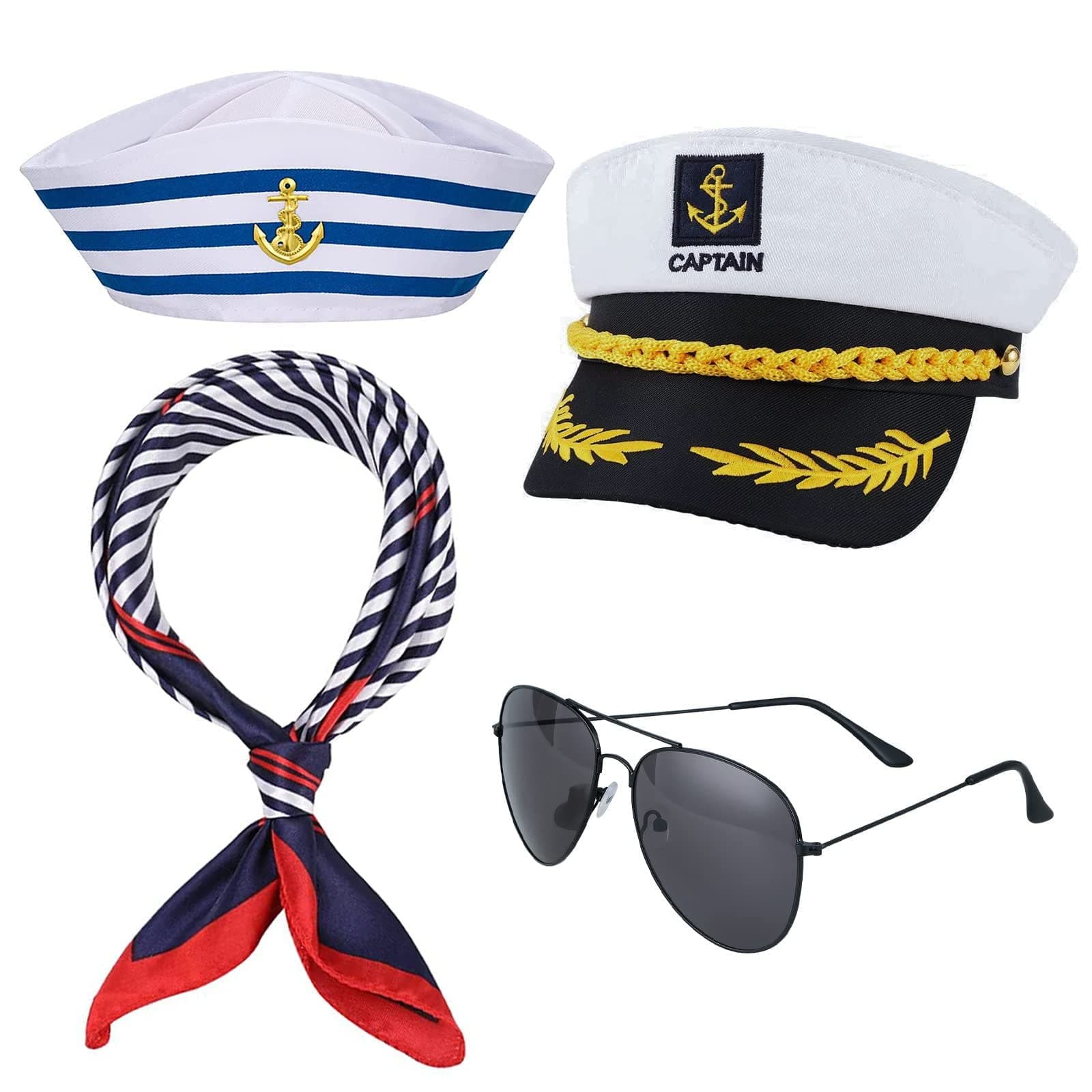 Kavoc 4 Pieces Yacht Captain Hat Sailor Ship Cap and Scarf Sunglasses Navy Sailor Hat Boat Navy Hat White Sailor Cap for Adult Men Women Captains Dressing up Party