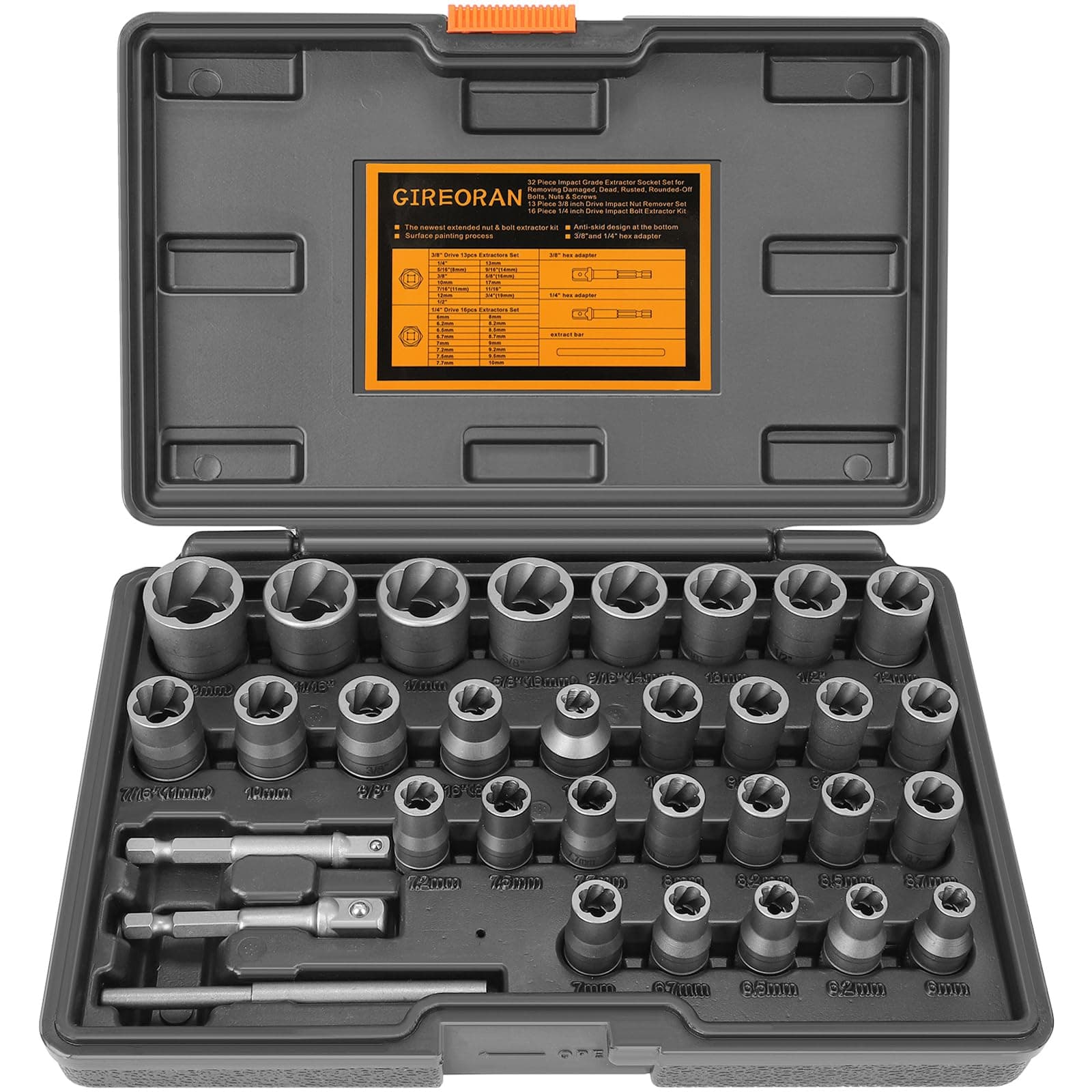 Upgrade Bolt Extractor Kit, 32 Piece Stripped Bolt Extractor Socket Set, Rounded Bolt Remover, Lug Nut Remover with ¼ Inch and ⅜ Inch Adapter for Removing Damaged Frozen Rusted Rounded-Off Bolts Nuts