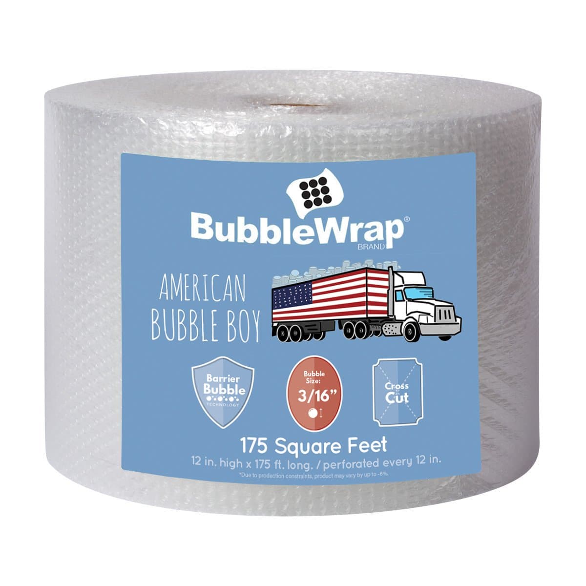 Bubble Wrap Roll 175', small bubble wrap 3/16 cushioning, 175ft perforated Every 12" Made in the USA by American Bubble Boy for packing, moving, wrapping of glassware, dishes, furniture and more!