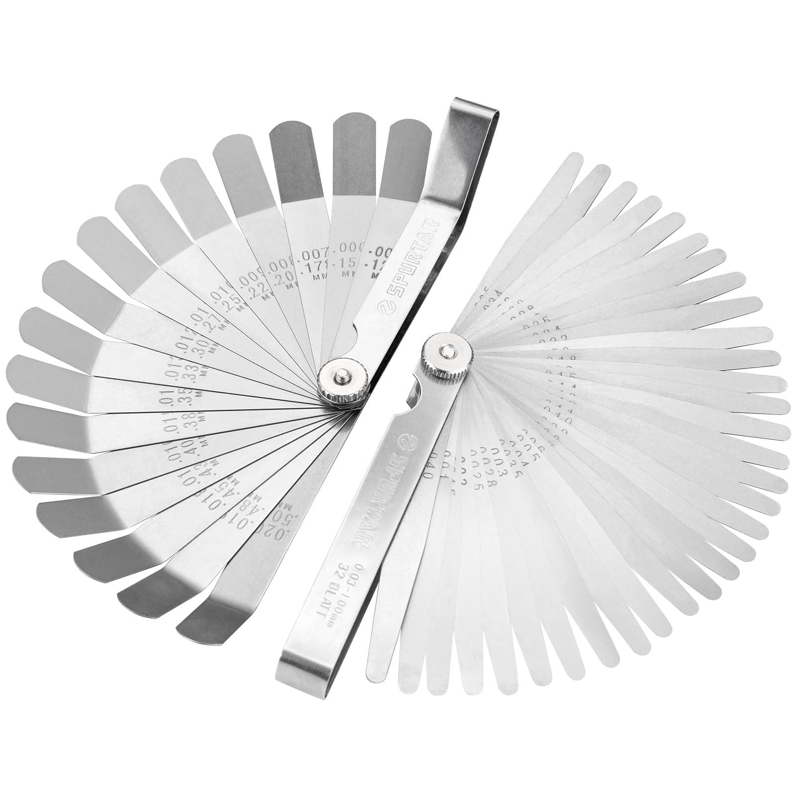 Spurtar Feeler Gauge Set Stainless Steel, 32 Blades Tapered and 16 Blades Offset Filler Gauge Set, Dual Marked SAE and Metric Feeler Guages for Spark Plug, Valve, Piston, Guitar