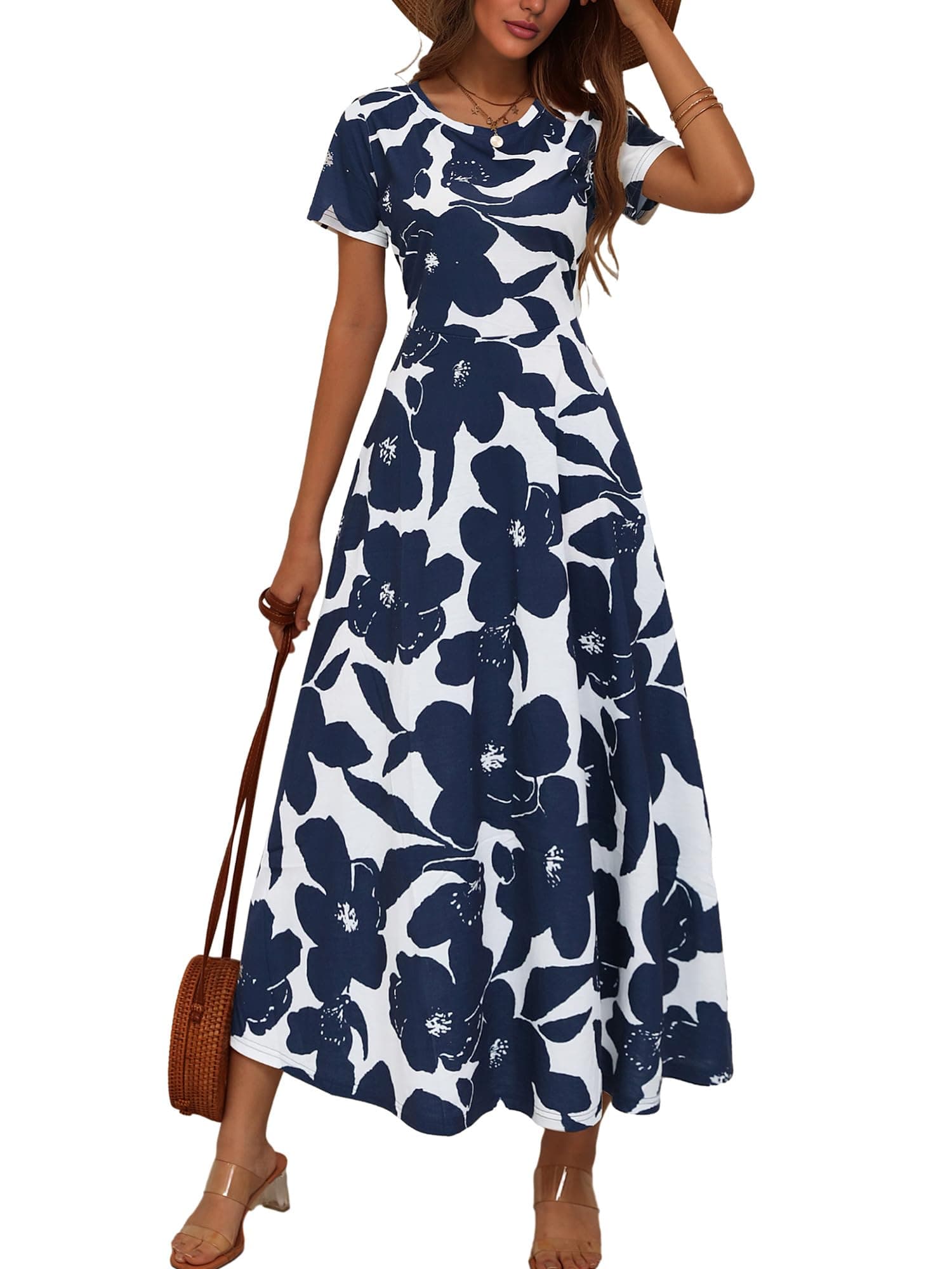 ZABERRYWomen's 2024 Short Sleeve Round Neck Casual Summer Flowy Maxi Spring Dresses with Pockets