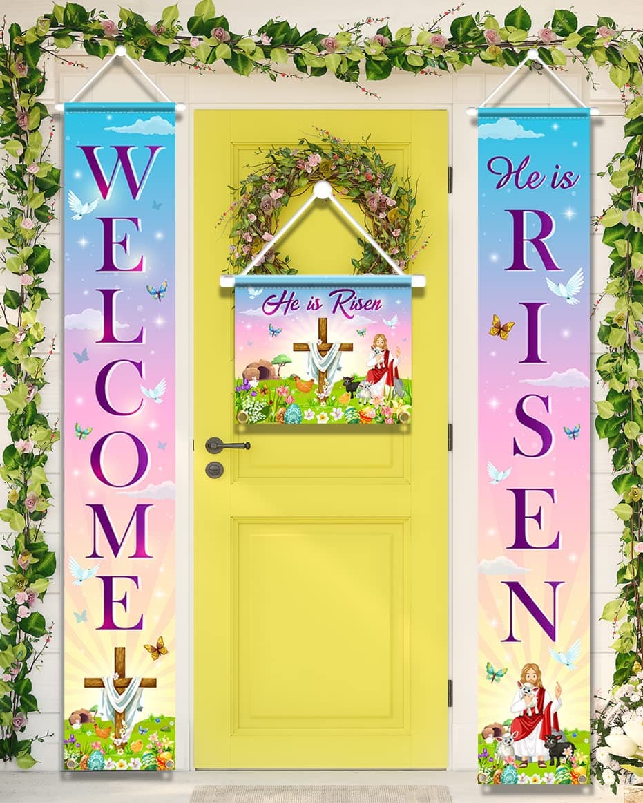 He is Risen Porch Sign-Religious Welcome Easter Banner Supplies,3pcs Jesus Resurrection Easter Door Sign,Happy Easter Front Door Welcome Hanging Banner for Spring Easter Decoration