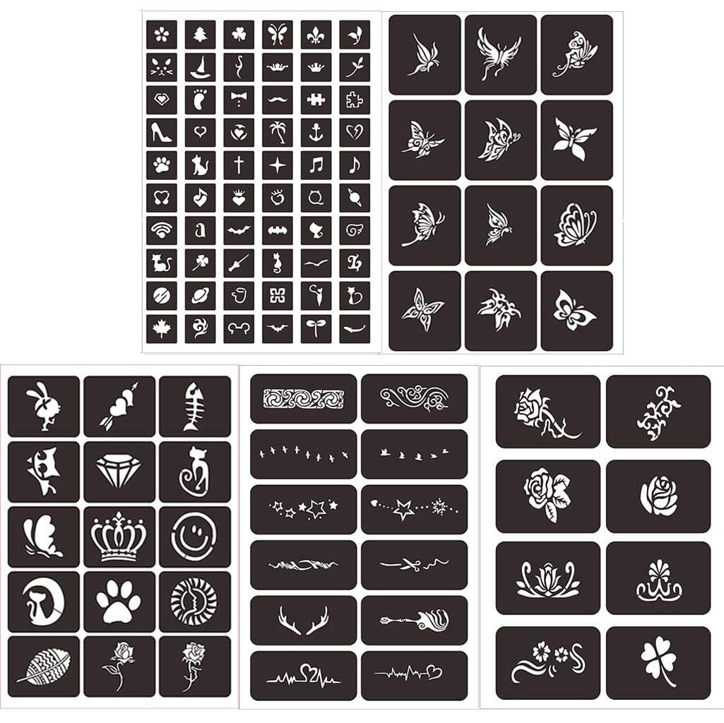 Henna Stencil for Semi Permanent Tattoo Jagu and Glitter Tattoo, Body Face Painting Stencil, Glitter Tattoo Stencils, 5 Sheets 102 Different Design Butterfly Rose Stars …