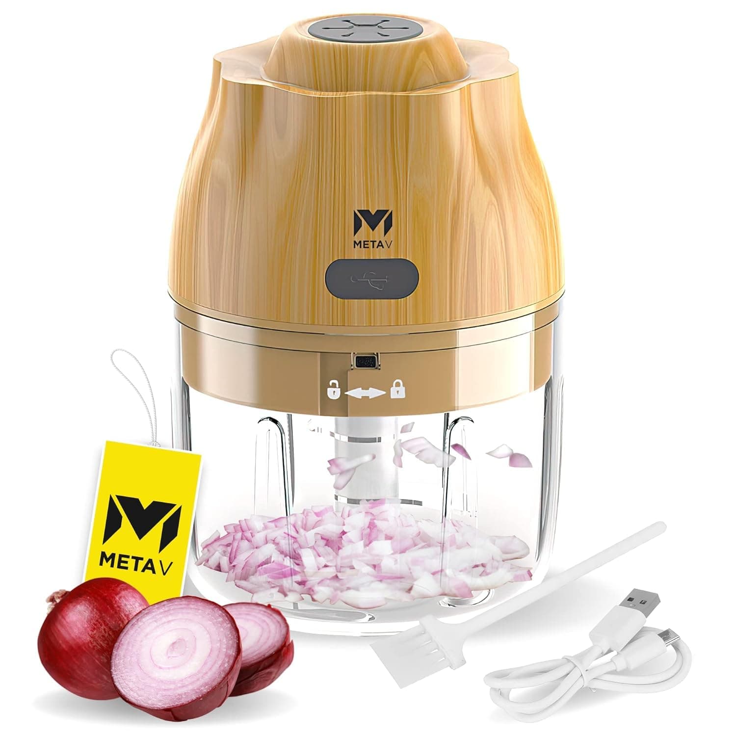 METAV META V Electric Garlic Chopper, Rechargeable Mini Chopper for Vegetable/Onions/Salad, 250ML USB Mini Food Chopper Garlic Mincer, 2 Stainless Steel Blade(12.5x8.3cm)