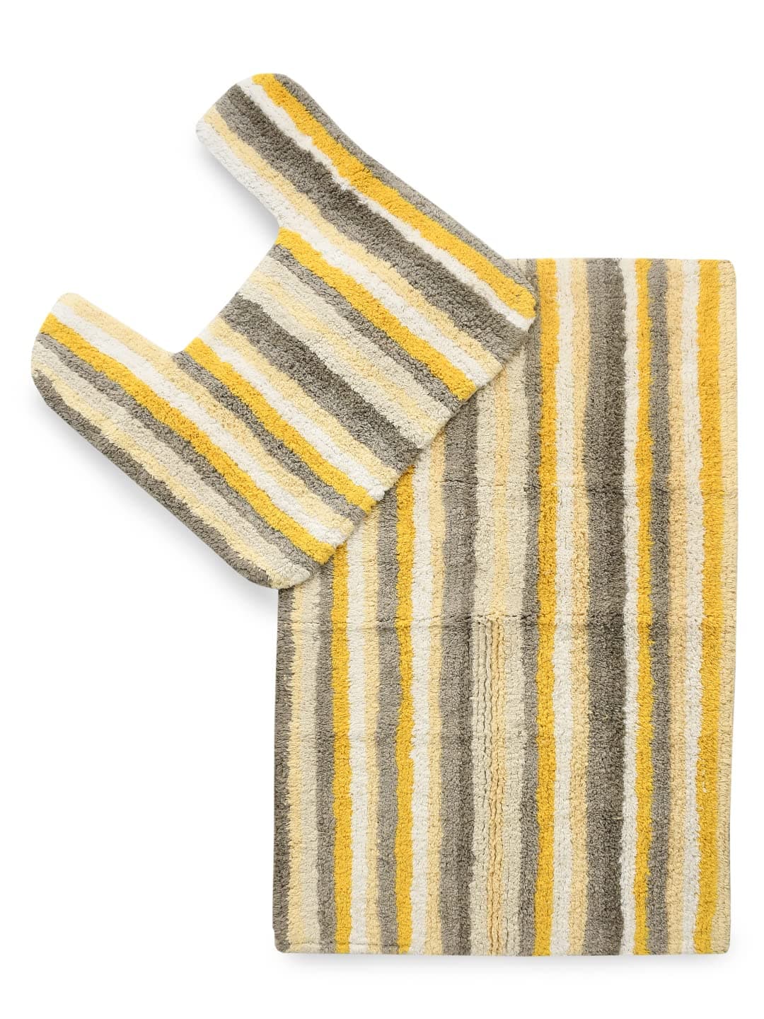 SASHAA WORLD Striped Anti Skid Bathmat and Contour Set (50 X 80 CM, Yellow White & Grey Stripe)