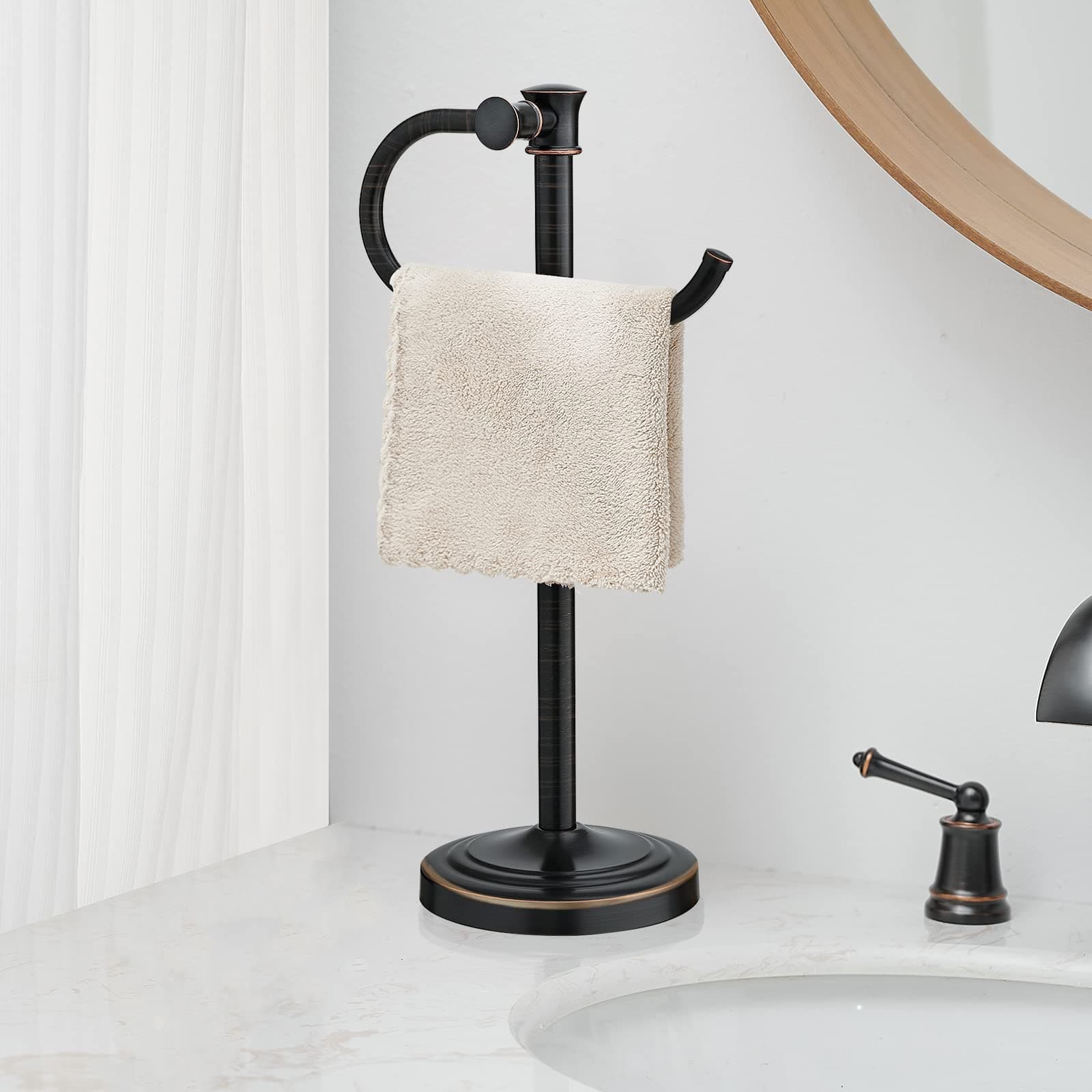 BESy 14 Inch Oil Rubbed Bronze Stand Towel Bar Hanger Hand Towel Bar Bathroom Vanity Countertop Towel Holder Free Standing Stainless Steel Towel Ring Hardware Accessories Towel Rack