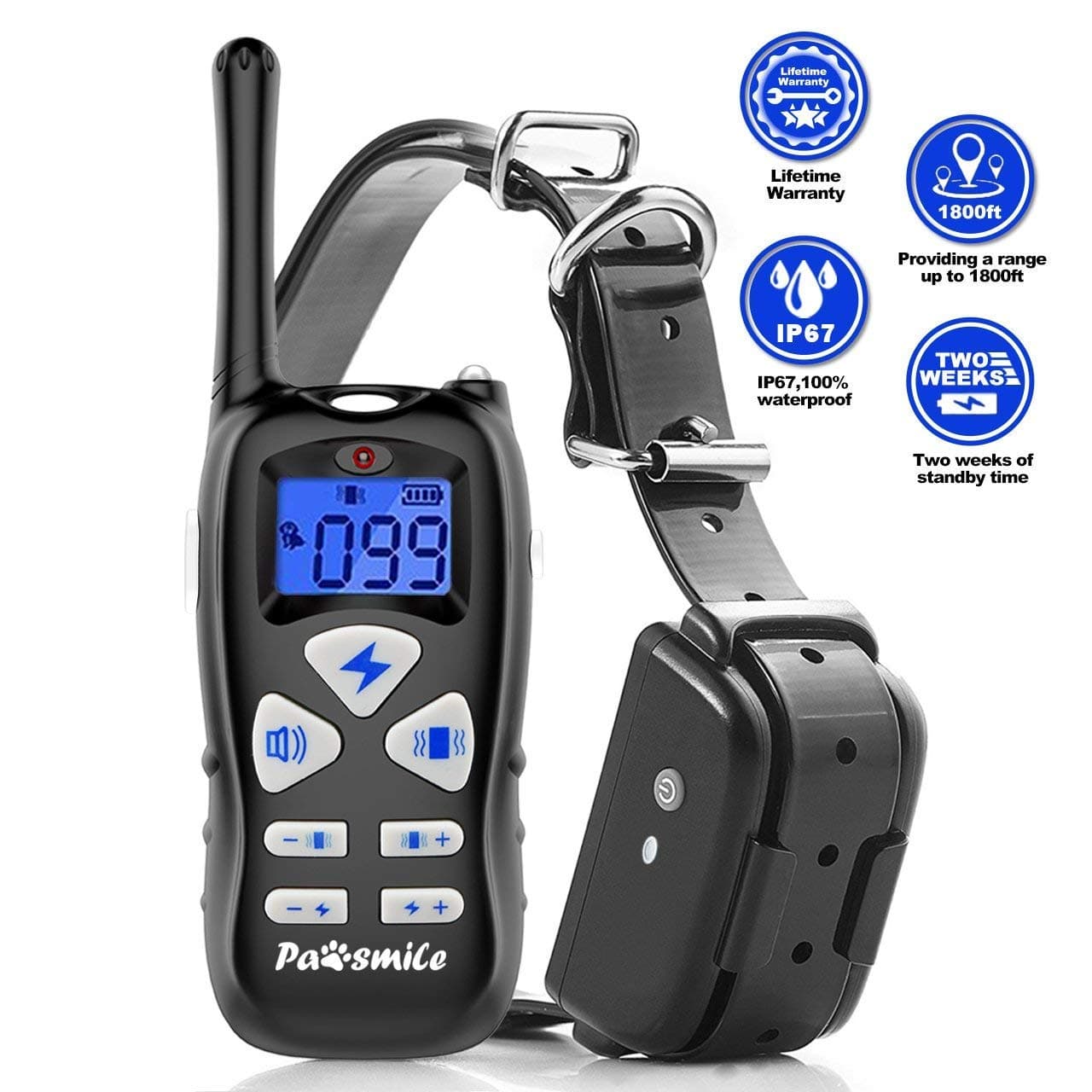 Pawsmile Dog Training Collar IP67 Waterproof 1800 ft Remote Range 2 Weeks Standby Time Electric Leakage Protection Shock Collar for Small Medium Large Dogs 6.6lbs-120lbs