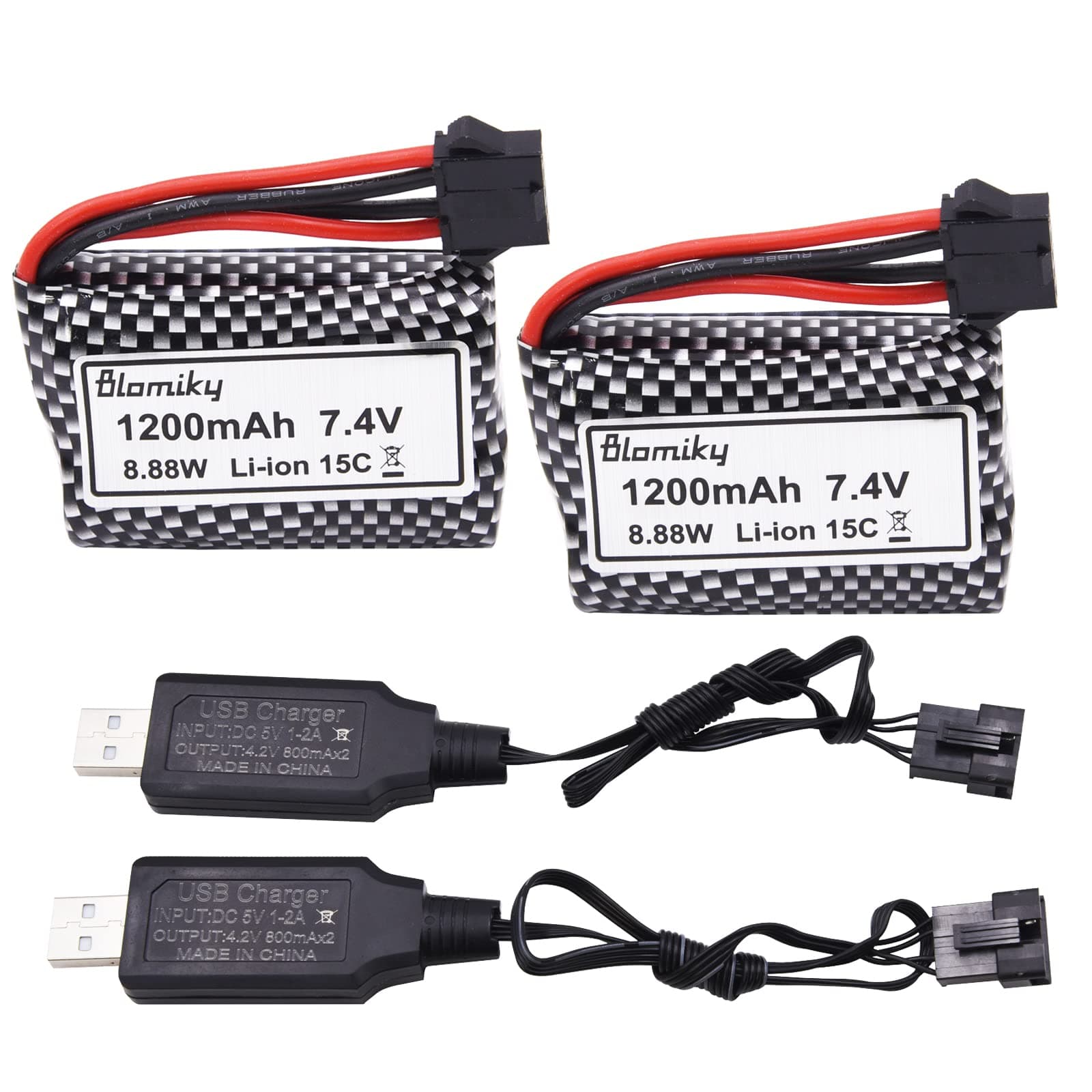 Blomiky 2 Pack 7.4V 1200mAh Li-ion Rechargeable Battery with SM-5P Plug and Charger Cable for R208 R308 2008 RC Boat R208 Battery 2