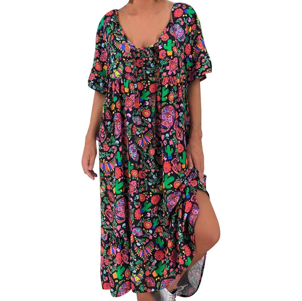 Women Plus Size Loose Women's Short Sleeve V Neck Floral Print Maxi Long Dress (S-5XL)