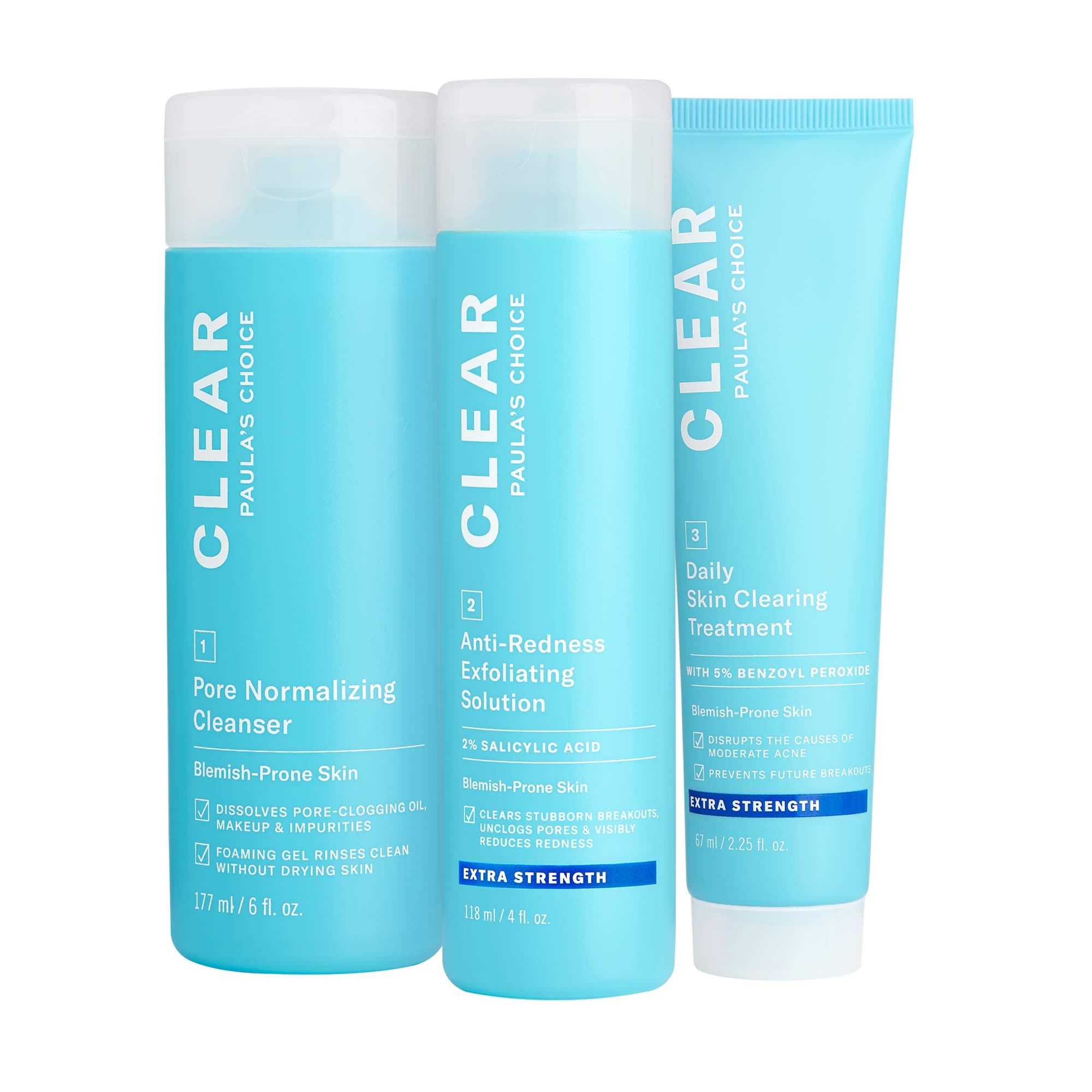 CLEAR 3-Piece Acne Kit, Includes Daily Cleanser, 2% Salicylic Acid Exfoliant & Benzoyl Peroxide Treatment, Prevents & Treats Mild to Severe Acne & Breakouts, Fragrance-Free, Set of 3