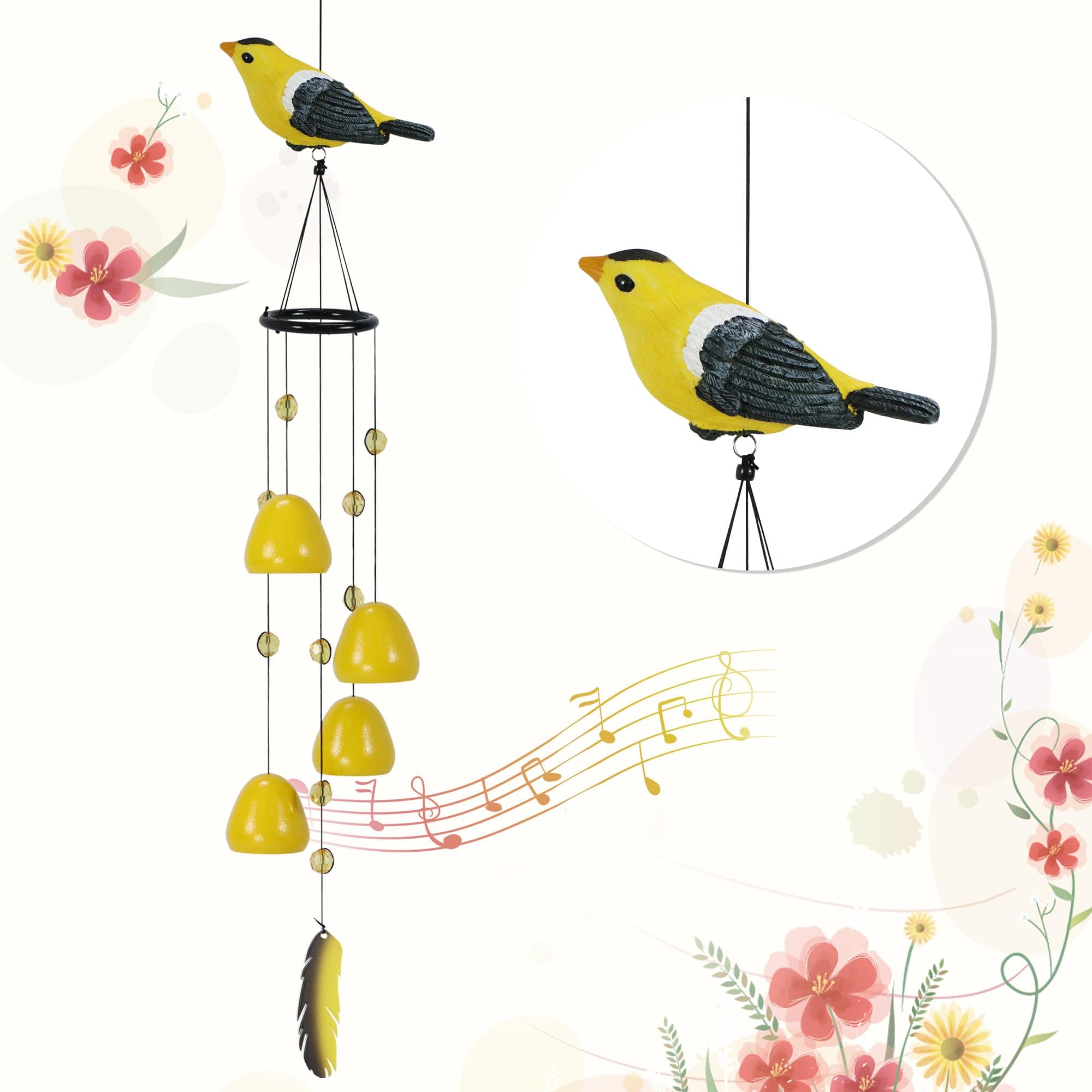 Efoleya Bird Wind Chimes for Outside，Goldfinch Bird Gifts，Yellow Bird Wind Chimes Outdoor Decorations, Mother‘s Day Gifts for Mom/Grandma,Garden Patio Backyard Hanging Decor.