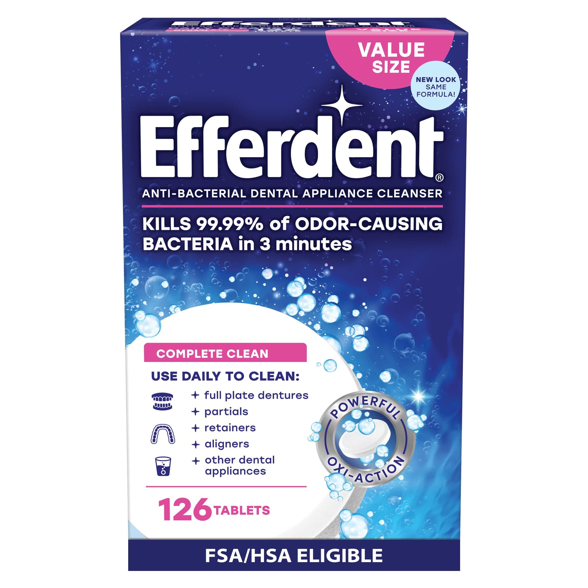 Efferdent Retainer Cleaning Tablets, Denture Cleanser Tablets for Dental Appliances, Complete Clean, 126 Tablets