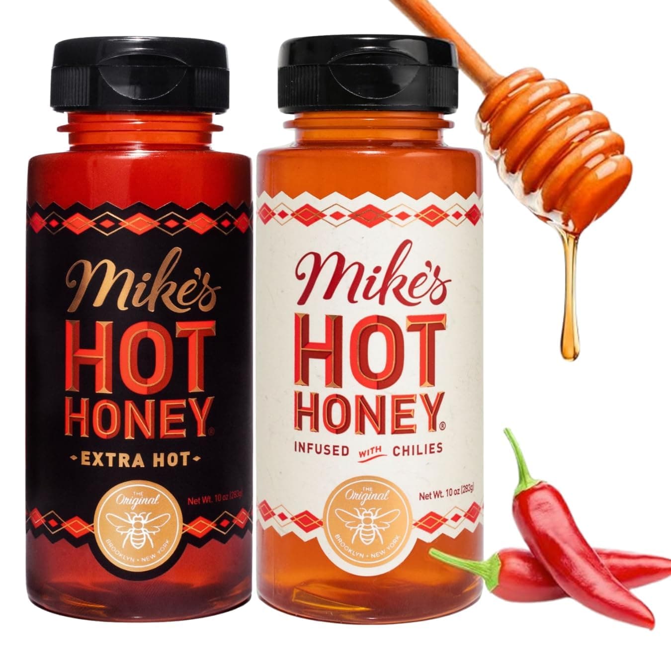Mike's Hot Honey, Original & Extra Hot, America's #1 Spicy Honey with Chili Peppers, (10oz Bottle, 2 Pack)