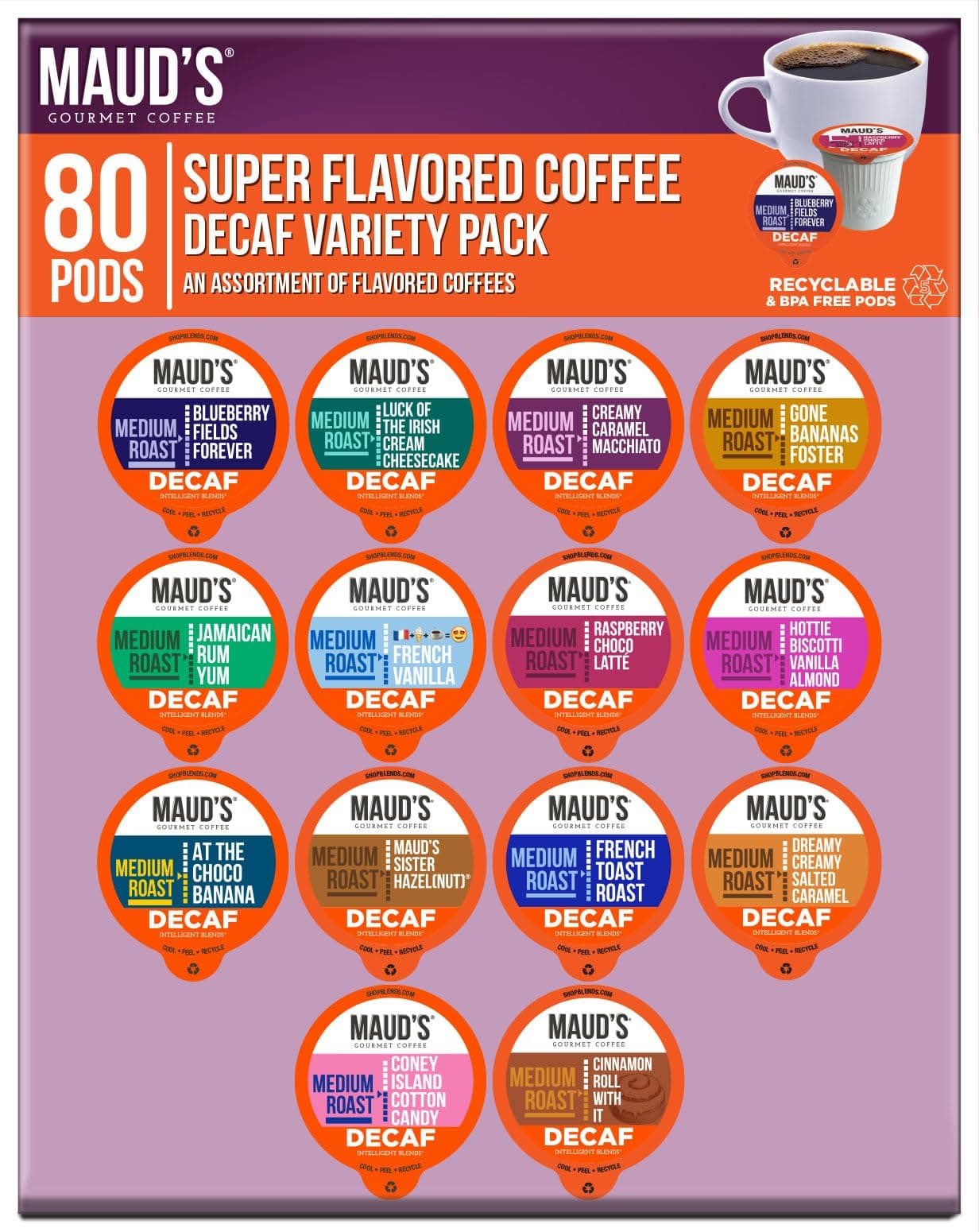 Maud's Flavored Decaf Coffee Pods Variety Pack, 80 ct,14 Assorted Roasts & Flavors, Decaf Medium Roast Coffee in Recyclable Single Serve Pods - 100% Arabica Coffee, Compatible with Keurig K Cups Maker
