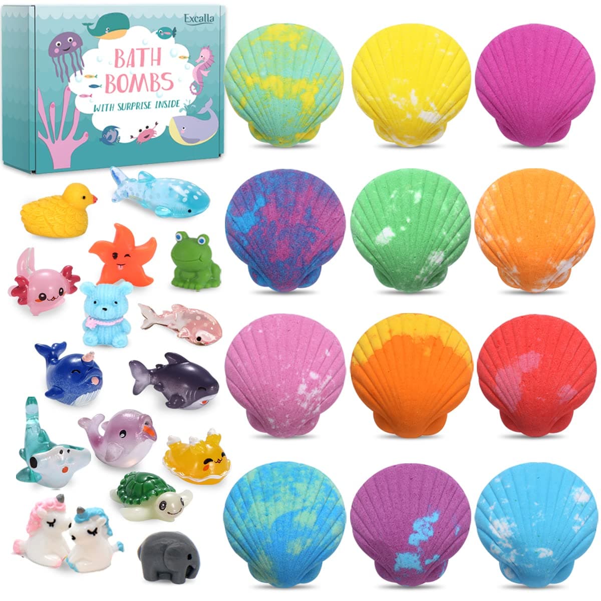 Bath Bombs for Kids with Toys Inside for Girls Boys - 12 Handmade Bubble Bath Fizzies Bomb with Surprise Sea Animals Toys, Moisturize Gentle and Kids Safe