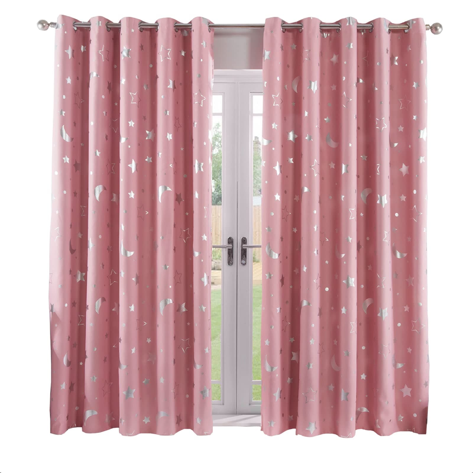 Blackout Stars Moon Curtains Pair of Grommet Top Panels Metallic Stars Moon for Kids Children - Blush Pink, Width 52" x Drop 96"