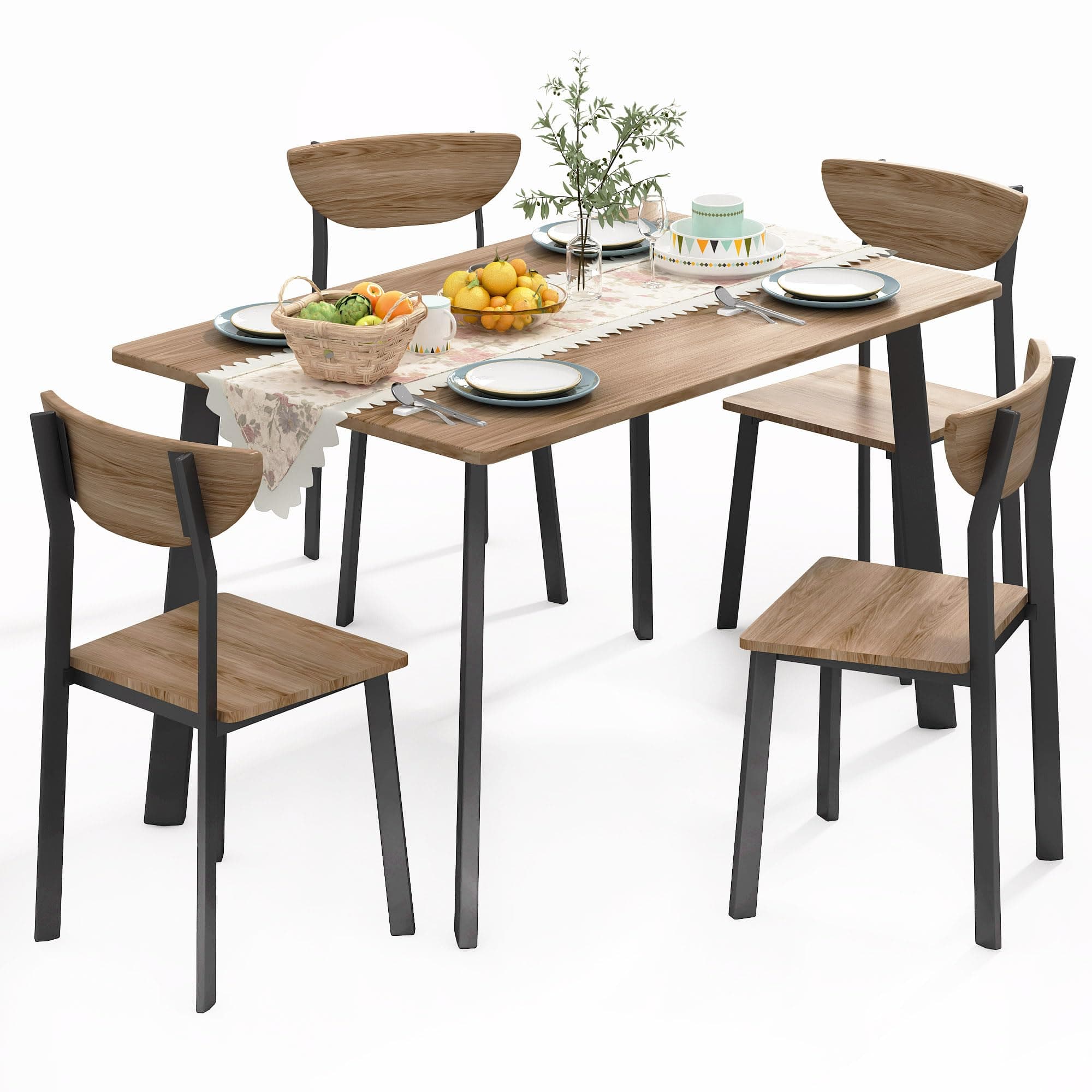 Kitchen Dining Table Set for 4, Modern Rectangular 5 Piece Dining Room Table and Chairs Set, Brown Wooden Metal Table Set for Family Dinner, Party, Afternoon Tea and Work (Curved Moon)