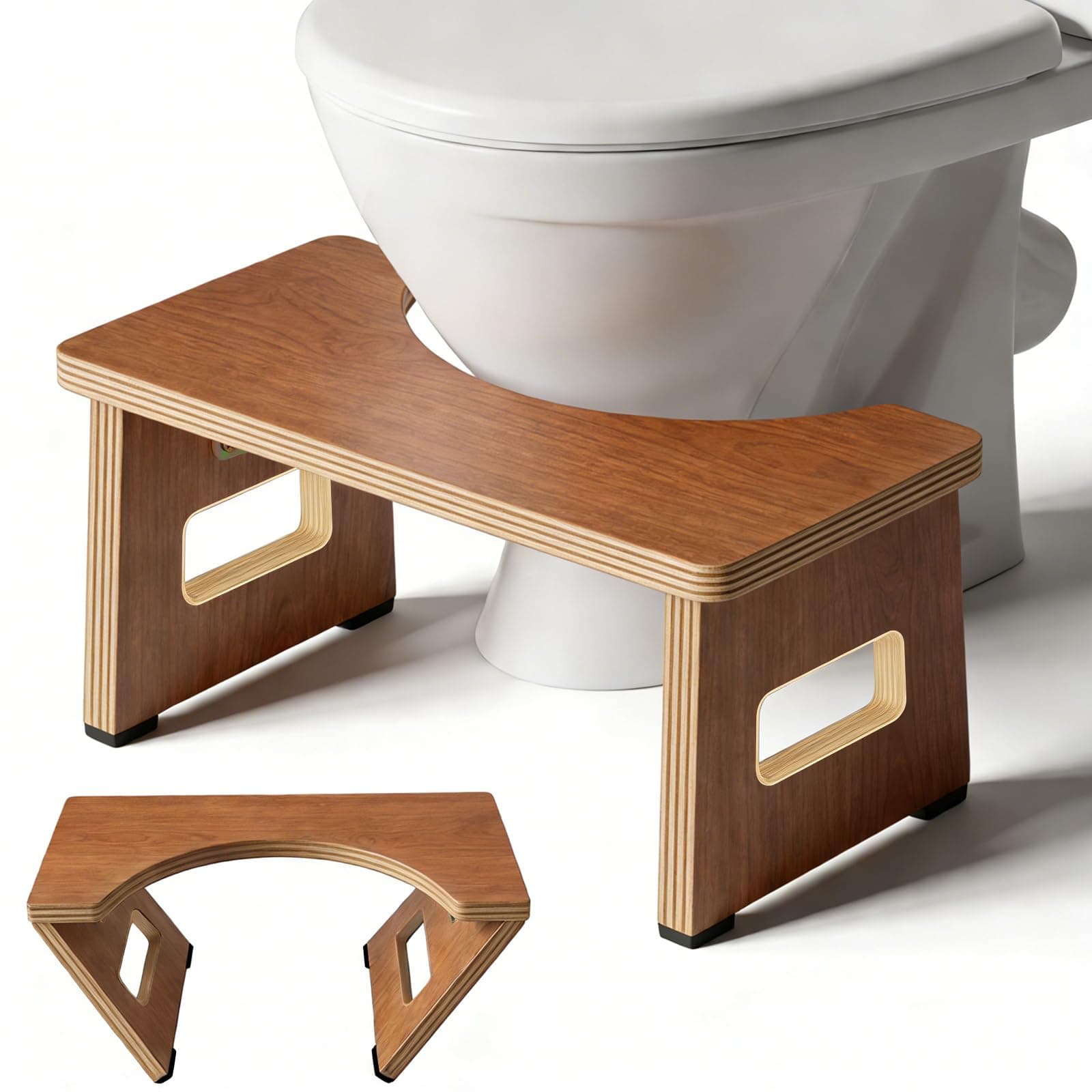 Foldable Toilet Stool, Bamboo Toilet Stool Squat Adults, 7 Inches Poop Stool for Bathroom, Collapsible Potty Step Stool with Non-Slip Strip, Space-Saving, No Assembly (Walnut)