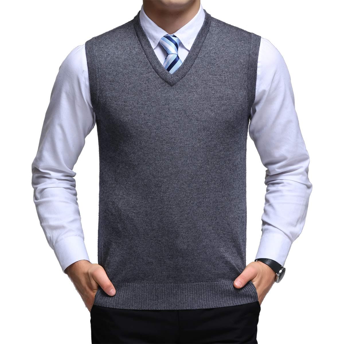 Yingqible Mens Casual Golf Tops V-Neck Pullover Waistcoat Slim Fit Knitted Sleeveless Sweater Vest