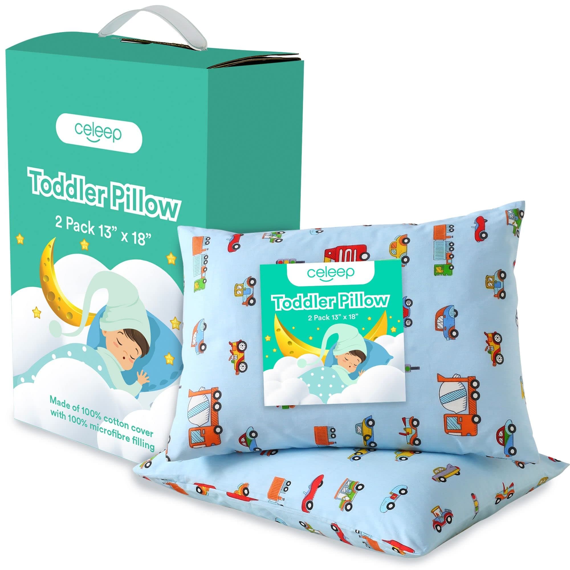 Celeep [2-Pack] Baby Toddler Pillow Set - 13 x 18 Inches Toddler Bedding Small Pillow - Baby Pillow with 100% Cotton Cover (2-Pack Set w/Blue Pillowcases)