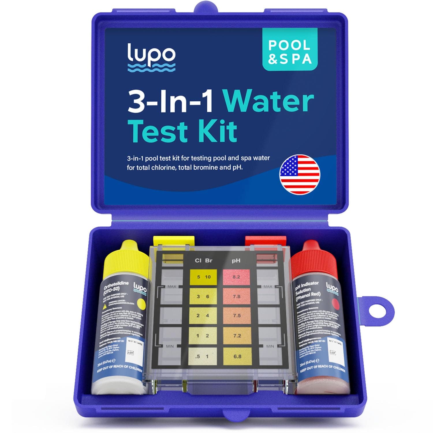 Lupo 3-In-1 Pool Test Kit | Testing For Residential Swimming Pools & Spas Total Chlorine, Bromine Ph Chemical Quick Accurate At-Home Water