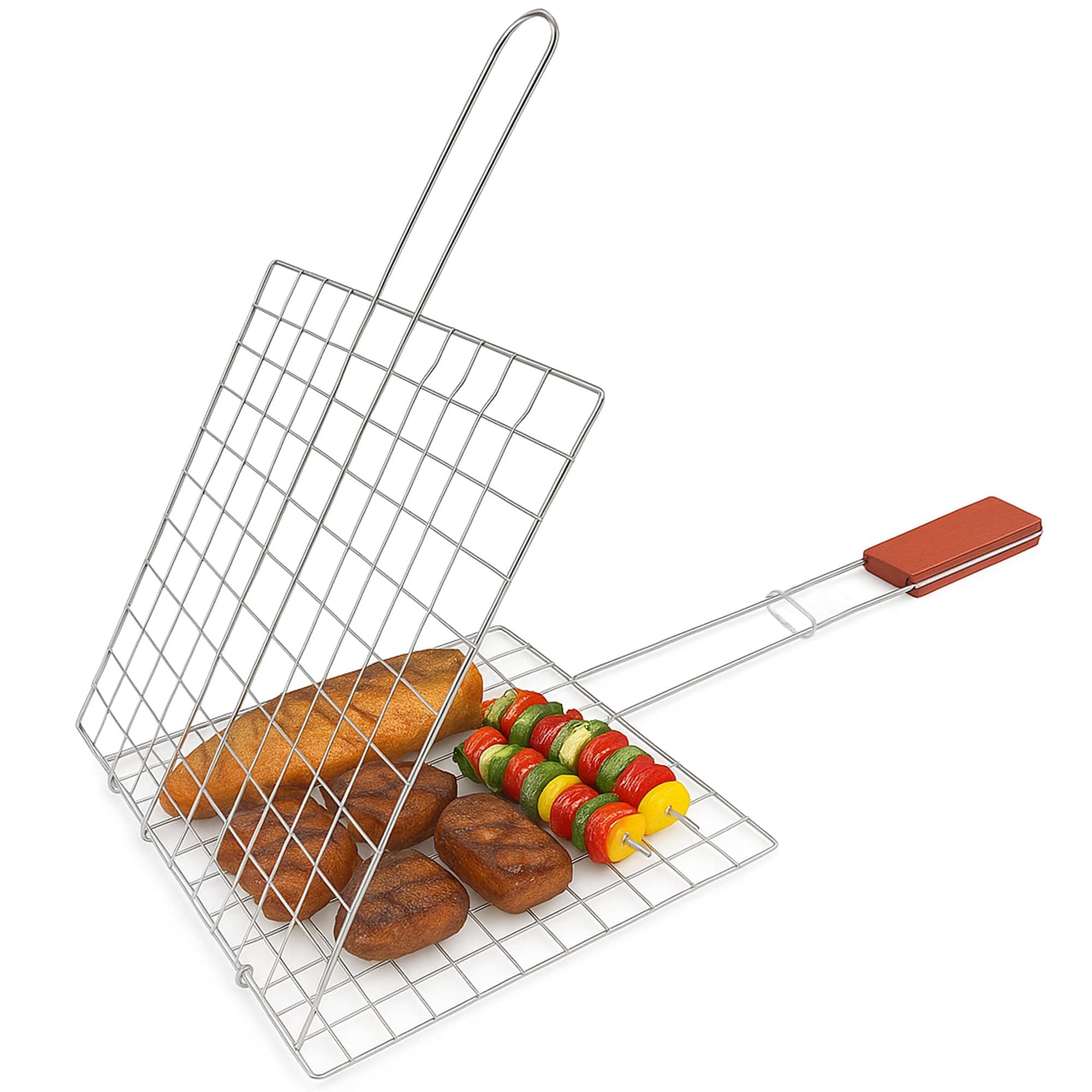 BBQ Grill Basket, Folding Grill Basket with Long Handle, Grids & Grates, Reusable Steel, Strong Fish Grill Basket, Perfect for Grilling Vegetables, Steaks, Shrimp, Sausages (1)